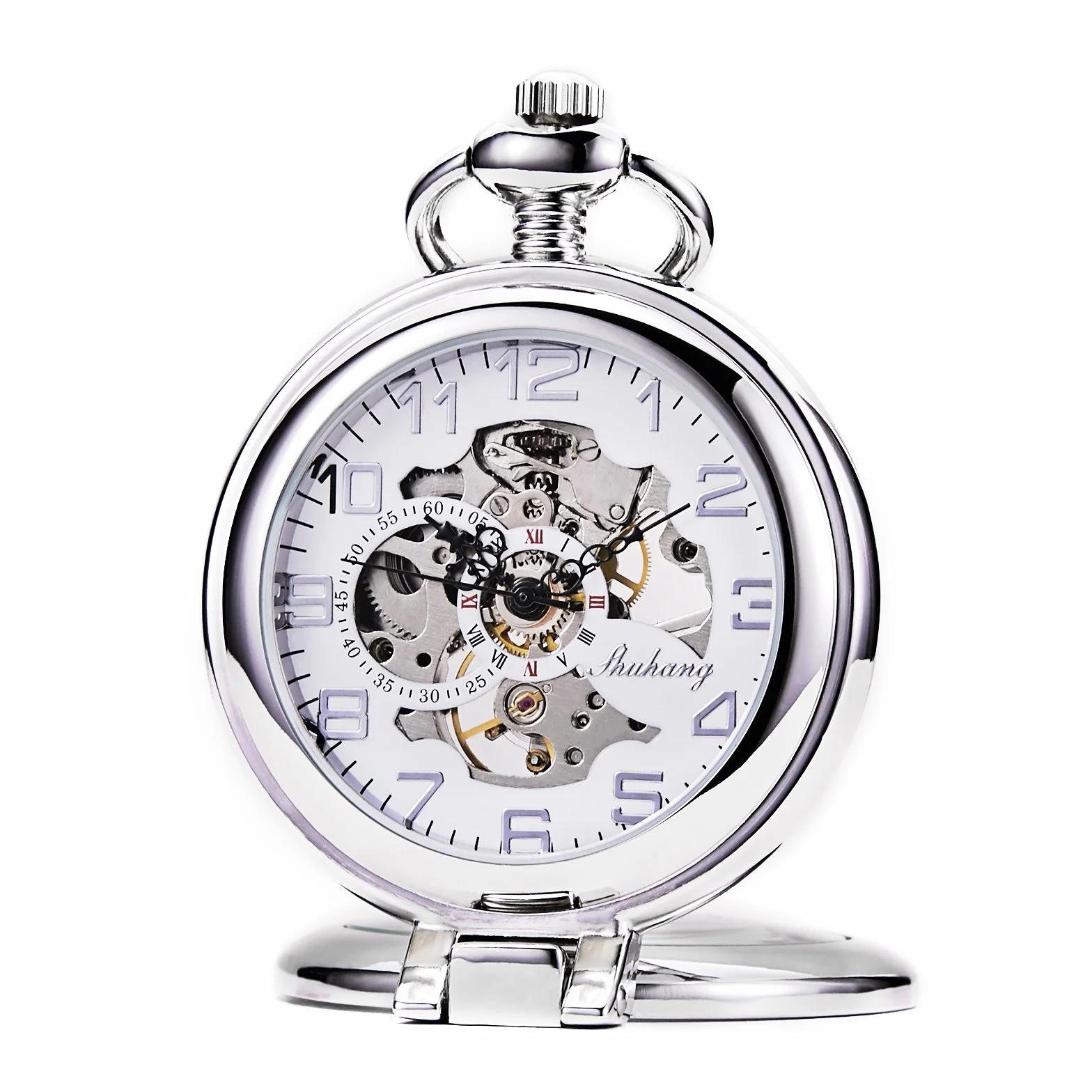 TREEWETO Montre de Poche Mécanique Steampunk pour Homme et Femme, Cadran Squelette Argenté avec Chaîne + Boîte, Argenté, Rétro