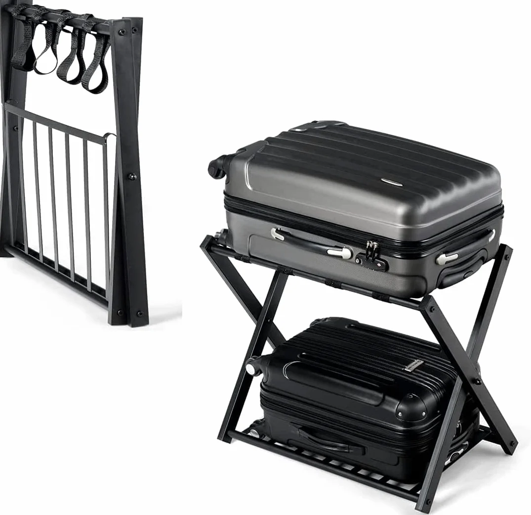 RELAX4LIFE Porte-Bagage Valises Pliable en Métal 68x44x57cm, Support de Valise Porte-valises Pliant avec 2 Étages & 4 Sangles, Support Sacs de Voyage Noir pour Hôtel Chambre, Domicile, Noir (1 paquet)