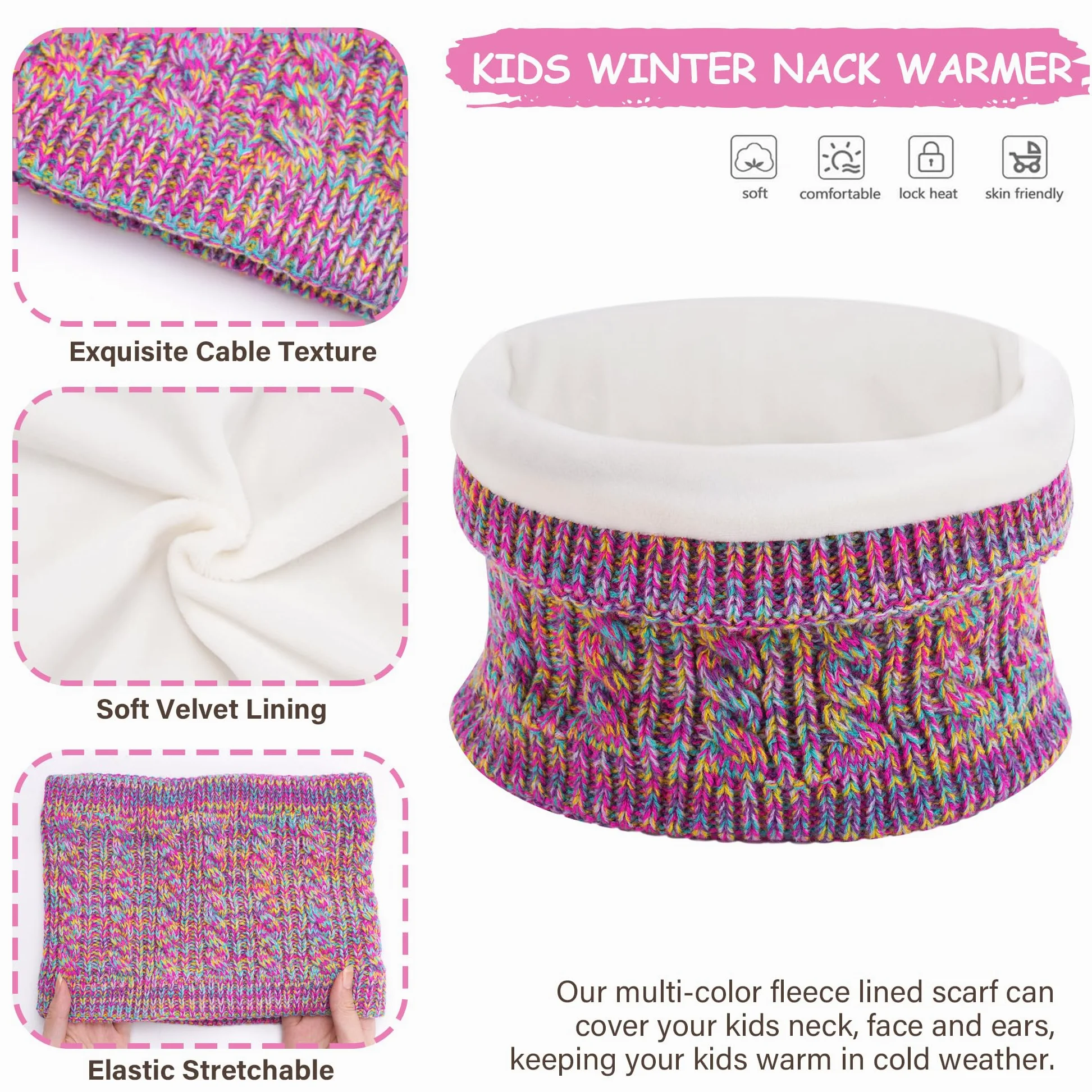 Enfant Fille Garçons Hiver Chapeau Bonnet Echarpe Écran Tactile Gants Set 3-6-12 Ans Tricot Pom Bonnets Casquette Cache Cou Gant Cadeaux pour Filles Garçons