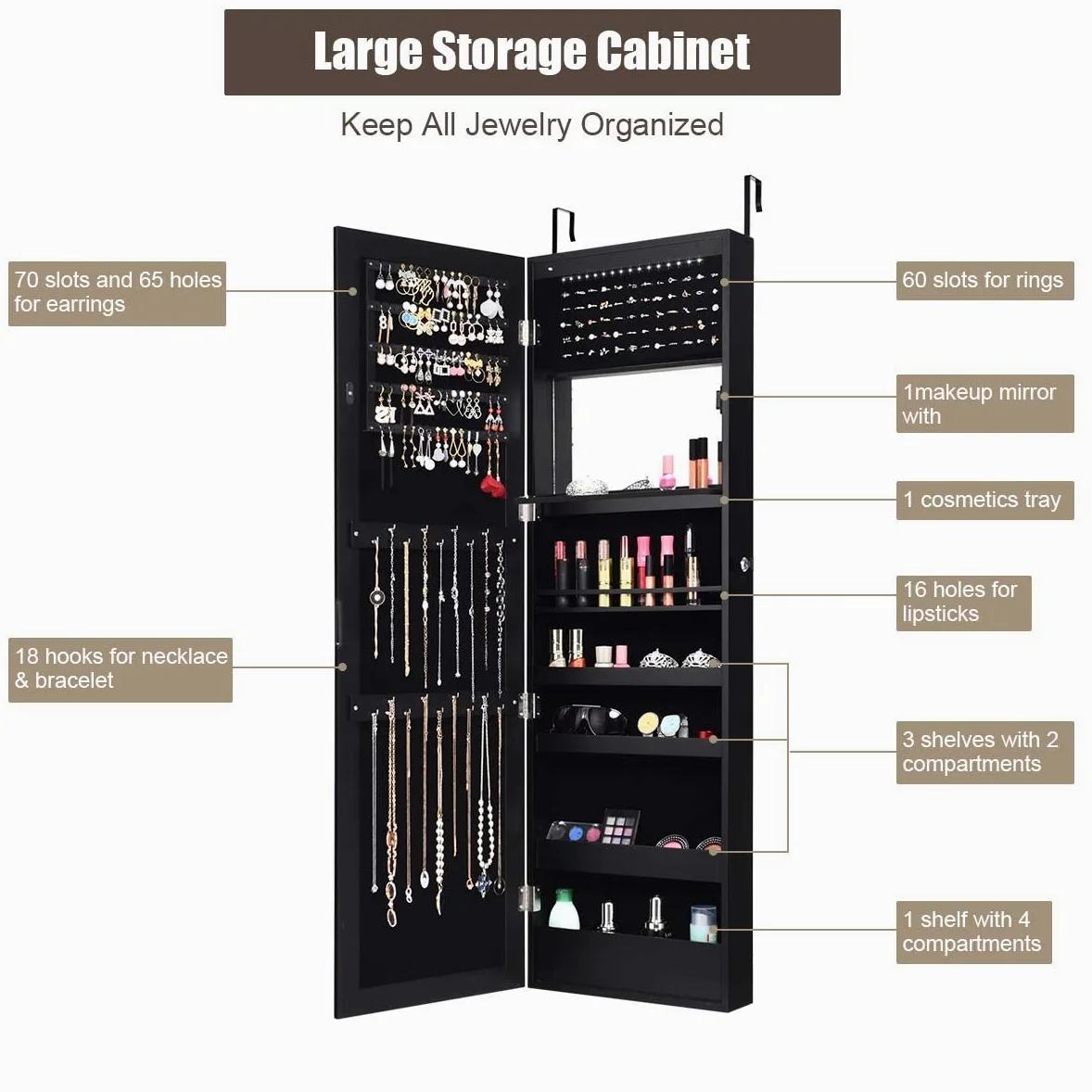 GOPLUS 2 en 1 Armoire à Bijoux avec Miroir, Organisateur de Bijoux Mural avec Lumières LED Automatiques, Armoire de Rangement Cosmétiques Verrouillable pour Chambre, Vestiaire (Noir)