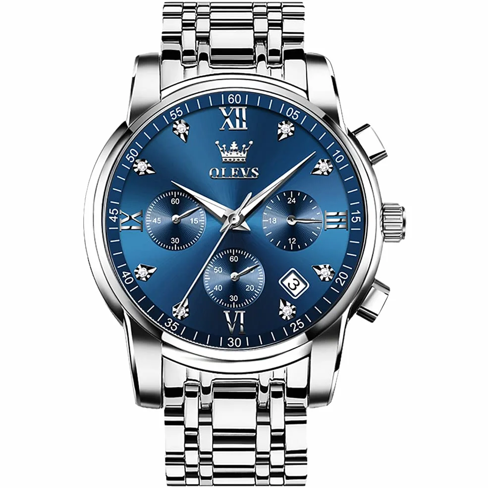 OLEVS Hommes en Acier Inoxydable Chronographe Doré Argent Analogique Quartz Grand Cadran Diamant Montre De Luxe éTanche Date Cadran NuméRique Romain