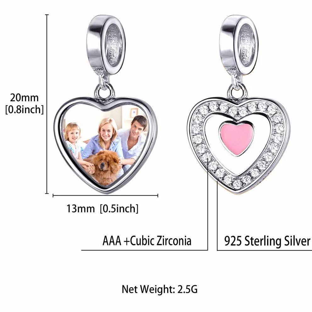 Custom4U Charme Coeur Personnalisable Charm Argent avec Photo Gravé Breloque pour Bracelet Bijoux Cadeau Personnalisé Maman Fille