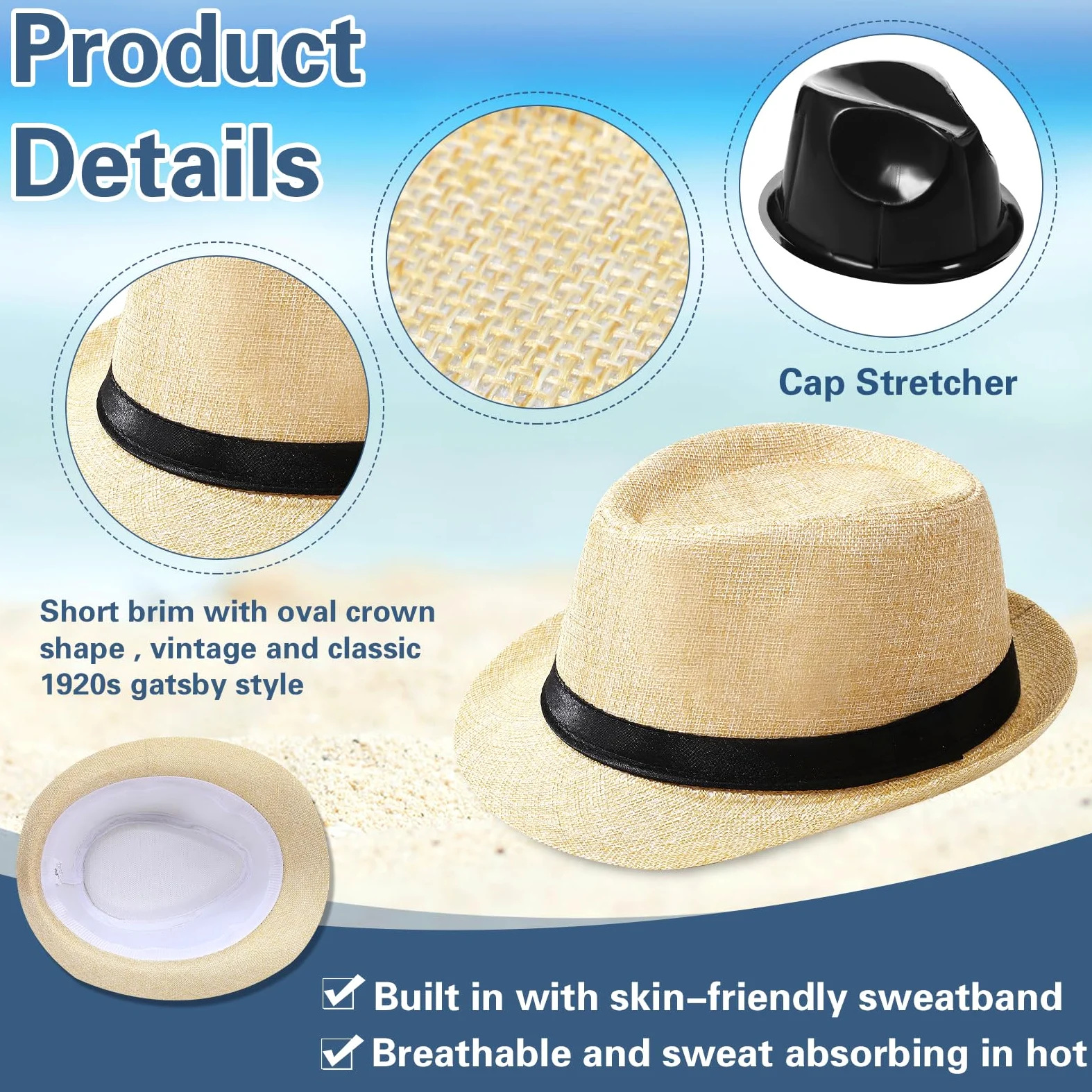 Suhine Lot de 36 chapeaux Fedora d'Halloween pour homme en vrac années 20 en paille à bord court soleil panama femme costume de fête, circonférence 60 cm