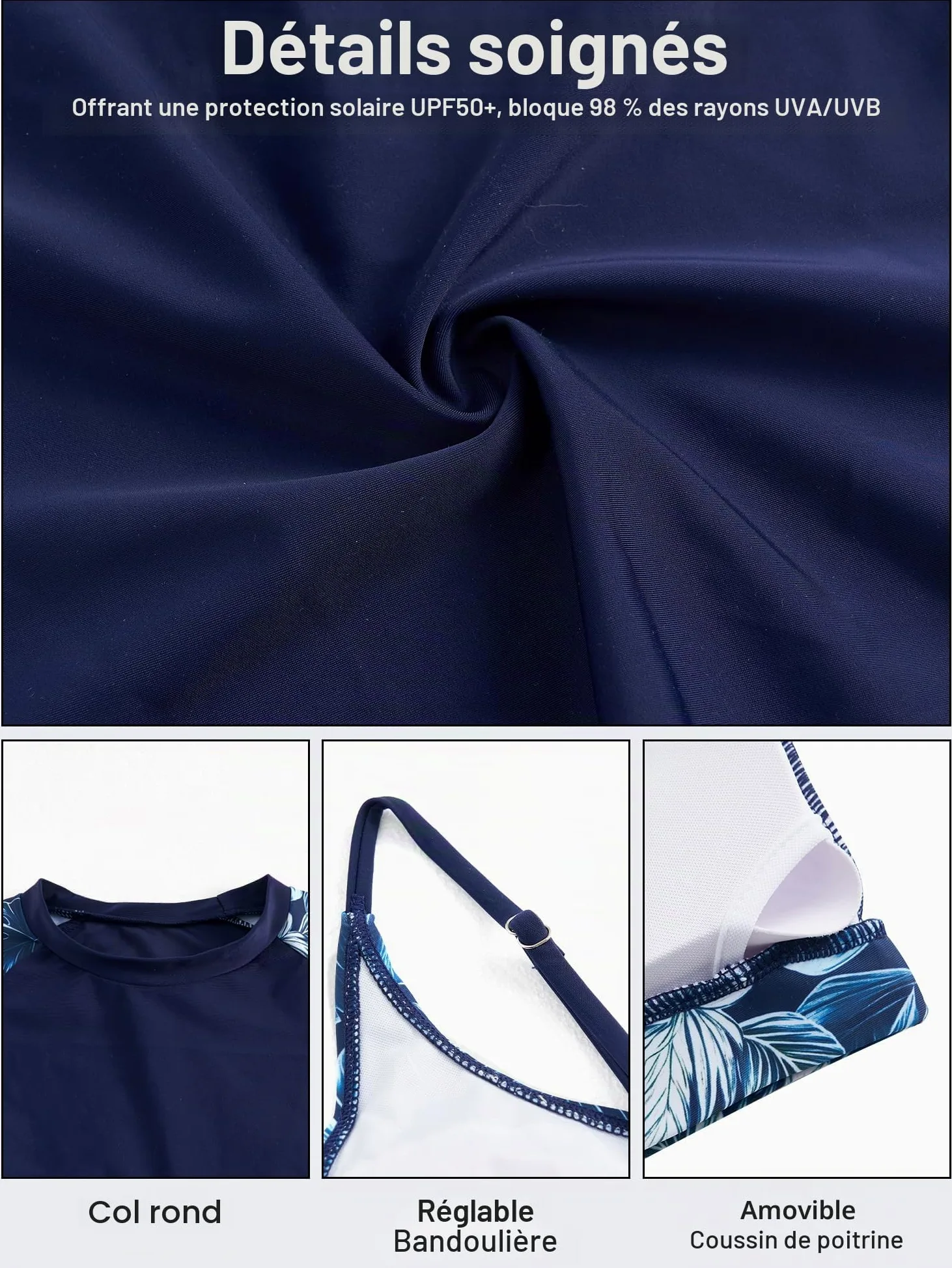 Owntop Maillot de bain 3 pièces Rashguard UPF50+ UV pour femme | Rashguard à manches courtes, haut de bikini et short taille haute | maillots de bain modestes | natation surf, bleu, XXL