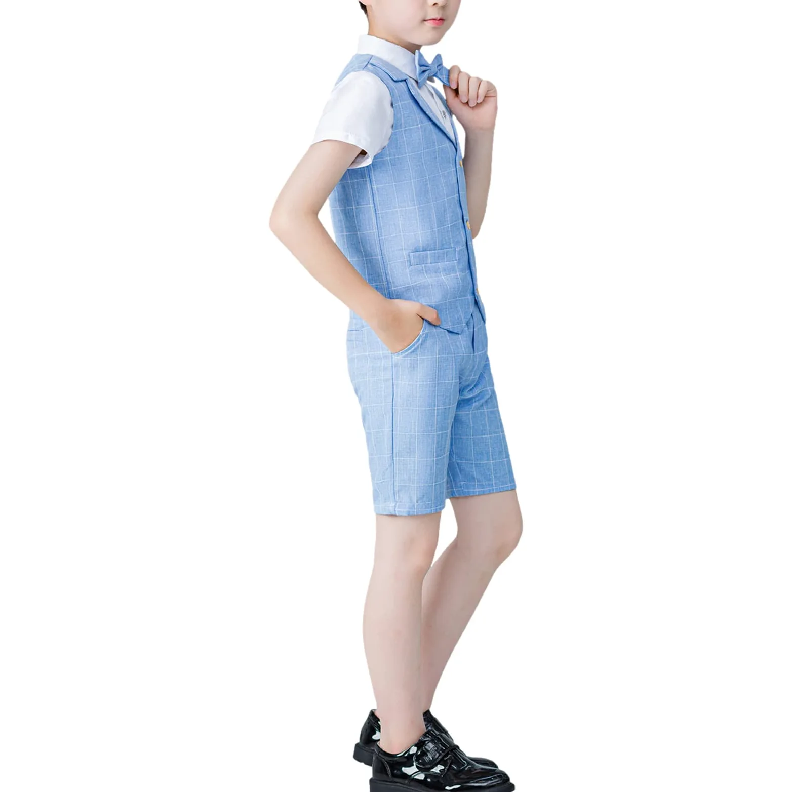 4 pièces Garçons Été Shorts Costumes Ensemble Coupe Ajustée Gilet Chemise Shorts Nœud Papillon Tenue Vêtements
