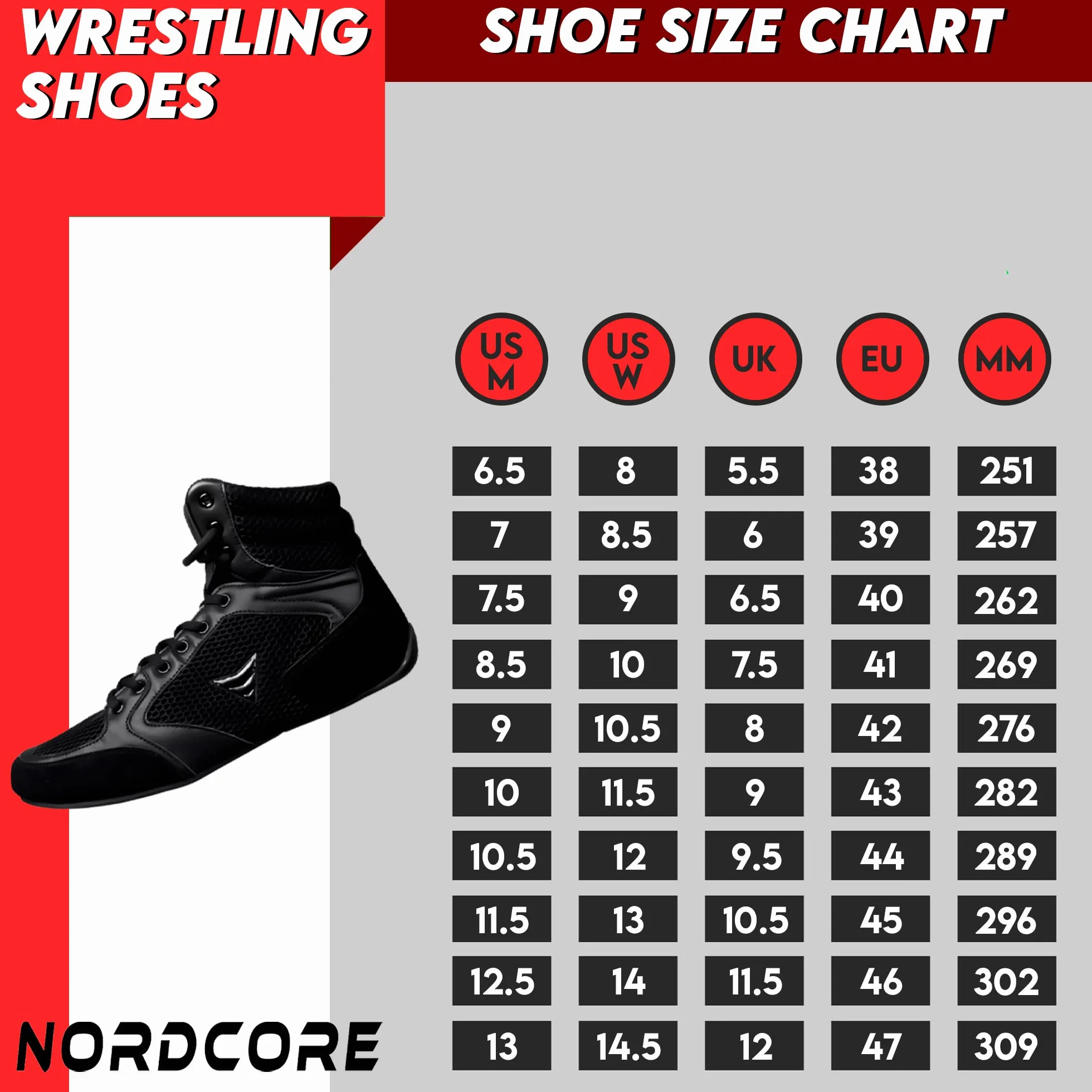 Nordcore Chaussure de Lutte Mat Ace - Chaussure de Boxe Légères pour Arts Martiaux – Chaussures Haltérophilie à Haute Traction pour Hommes et Femmes – Wrestling Shoes