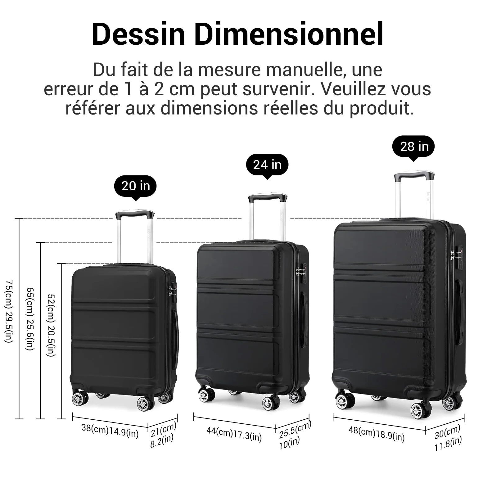 Kono Valise Grande 74cm Rigide ABS Valise de Voyage 28 Pouces à 4 roulettes et Serrure TSA Valise de Mode, Noir