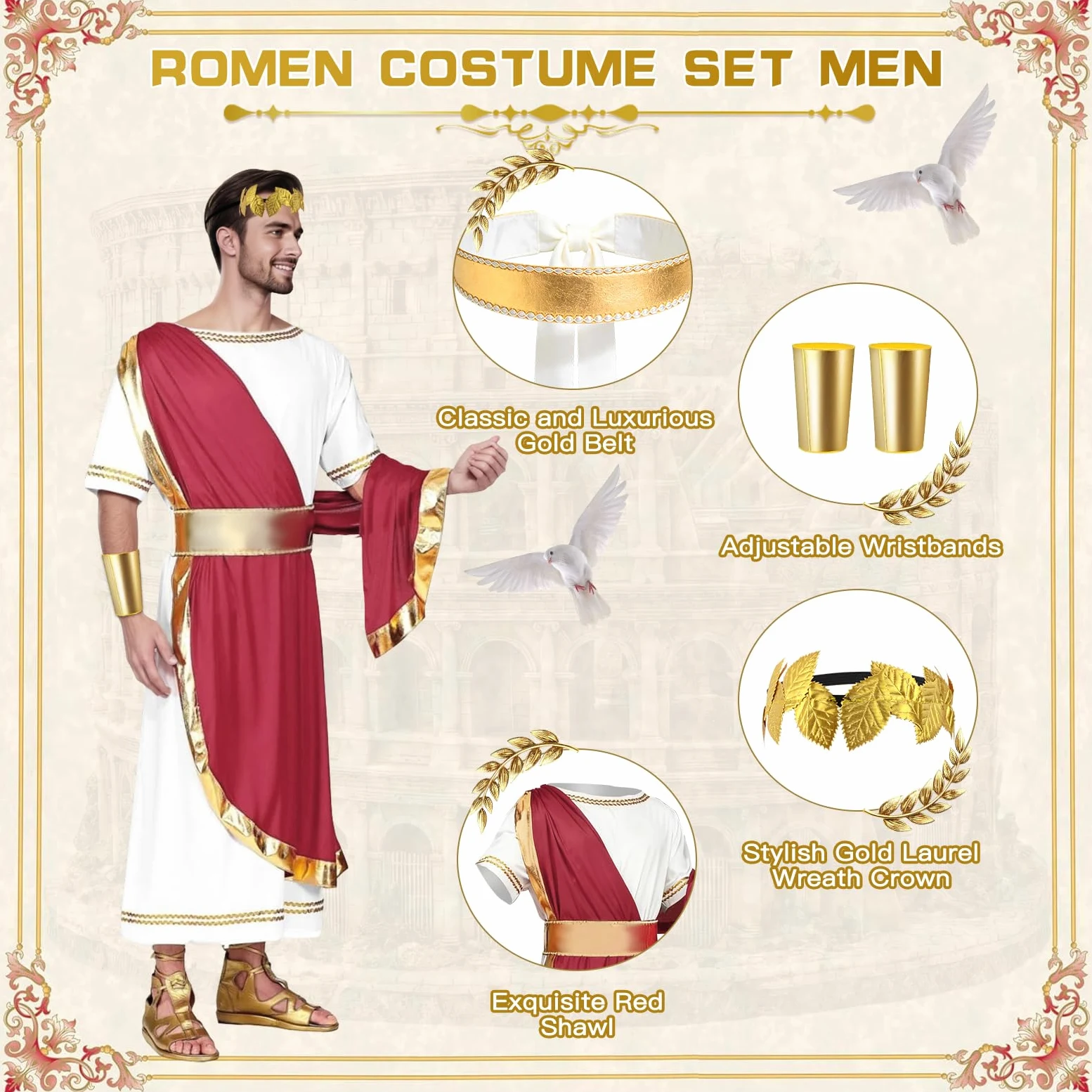 Costume Romain pour Homme, Costume de Dieu Grec pour Homme avec Toge Romain, Bandeau, Bandoulière, Déguisements de Carnaval pour Adultes, Costume Romain pour Fêtes Carnaval Halloween