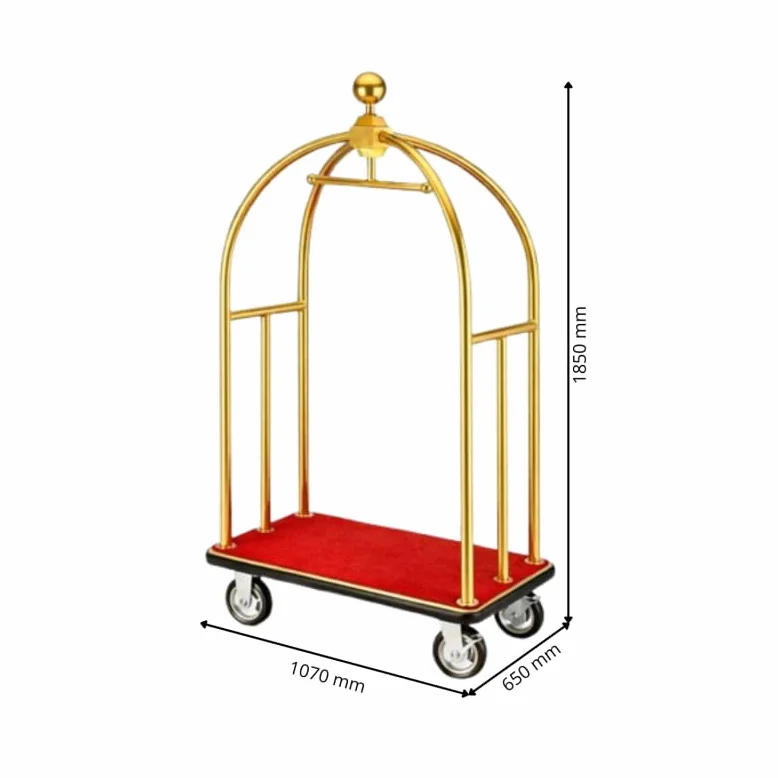 Chariot à Bagages Hôtel Doré - INOX - Plateforme Moquette Rouge - 4 Roues - Luxe Professionnel