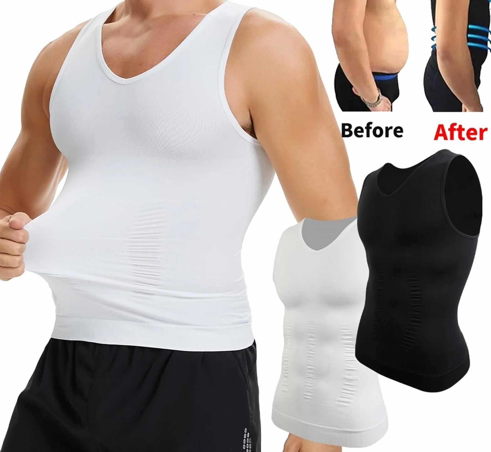 Shapewear pour Homme Lot de 2 débardeurs Compression for Homme, col en V, Gaine Amincissante, Ventre Plat