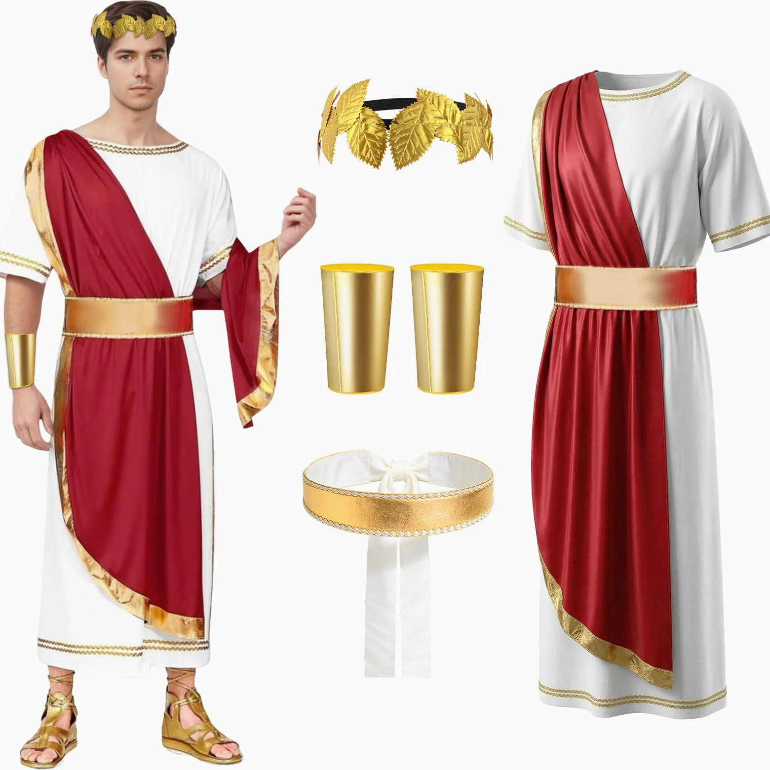 Costume Romain pour Homme, Costume de Dieu Grec pour Homme avec Toge Romain, Bandeau, Bandoulière, Déguisements de Carnaval pour Adultes, Costume Romain pour Fêtes Carnaval Halloween