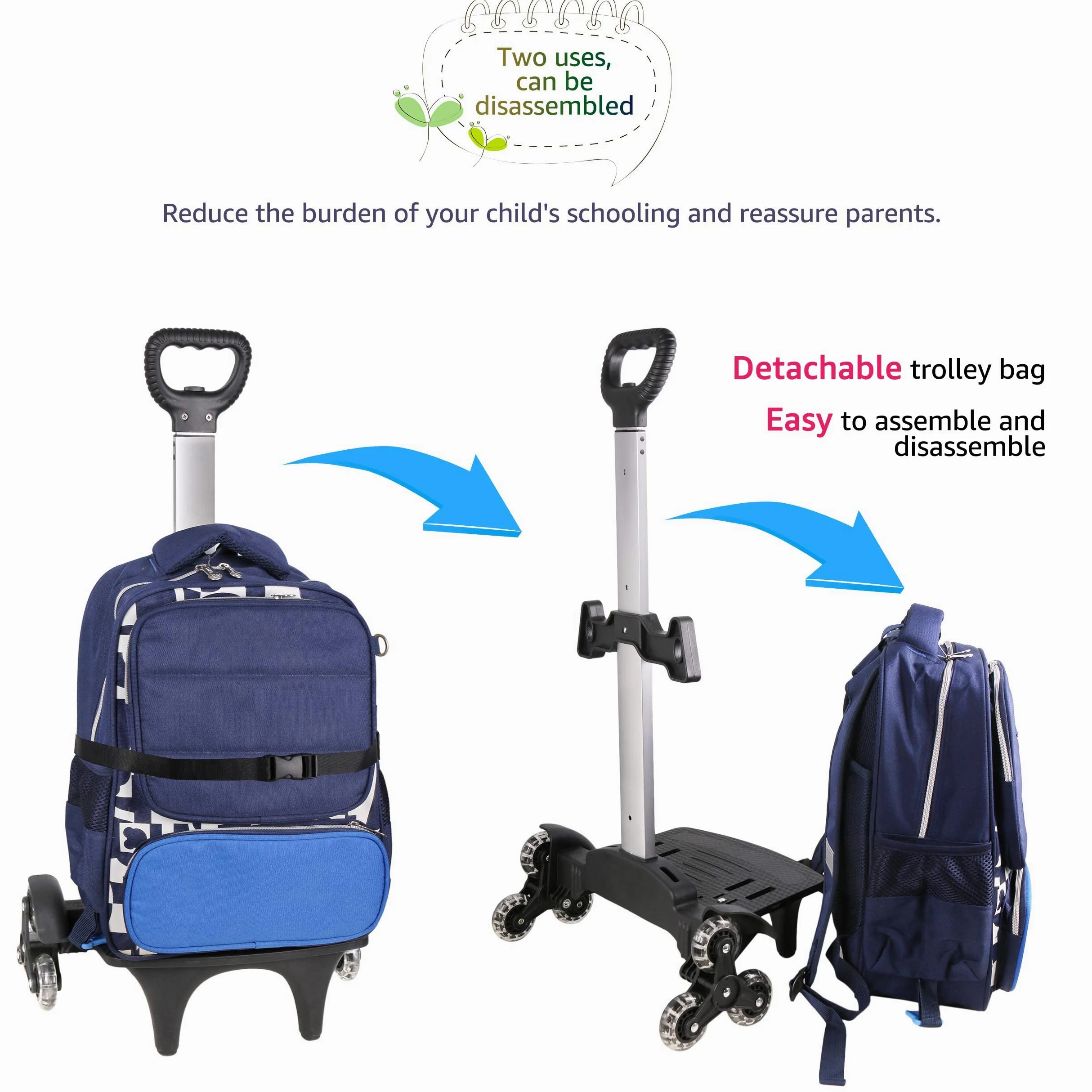 Chariot à Sac à Dos et Cartable à Roulettes en Alliage d'Aluminium - Trolley Pliable 6 Roues pour Enfants, Adolescents et Adultes - Idéal pour l'École et les Voyages
