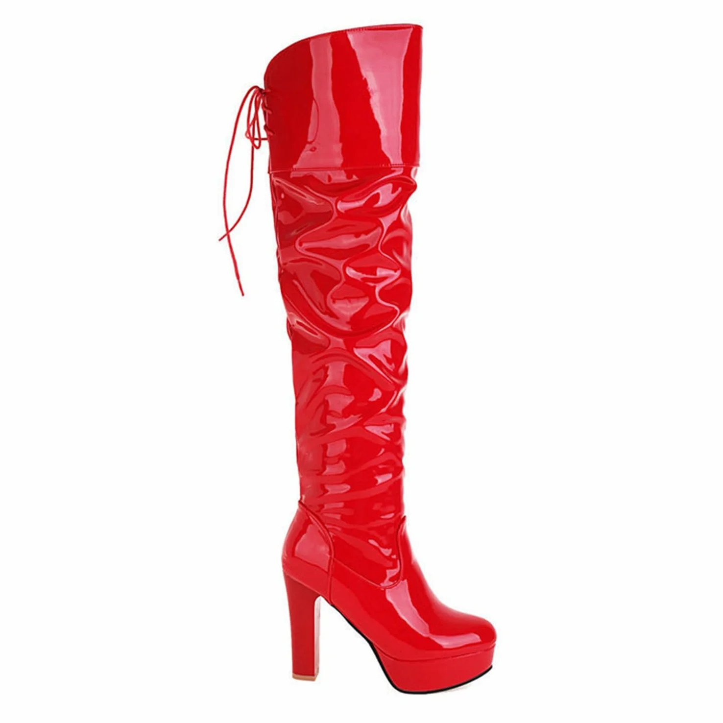Plate-Forme pour Femmes sur Les Bottes au Genou Bout Rond Gros Talons Blocs Bottes Longues avec Lacets à l'arrière en Cuir Verni à Talons Cuissardes