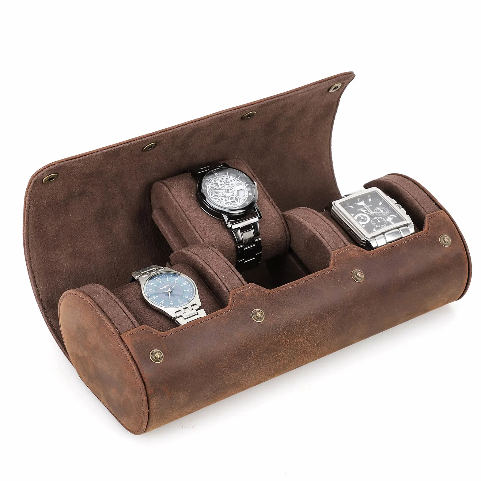 Contacts Étui de voyage en cuir véritable pour homme et femme, boîte de rangement de montre, pochette de protection à 3 emplacements pour montre