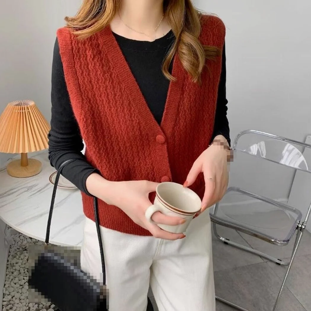 Alloaone Cardigan Tricoté sans Manches pour Femmes, Col en V, Pull, Pull À Simple Boutonnage