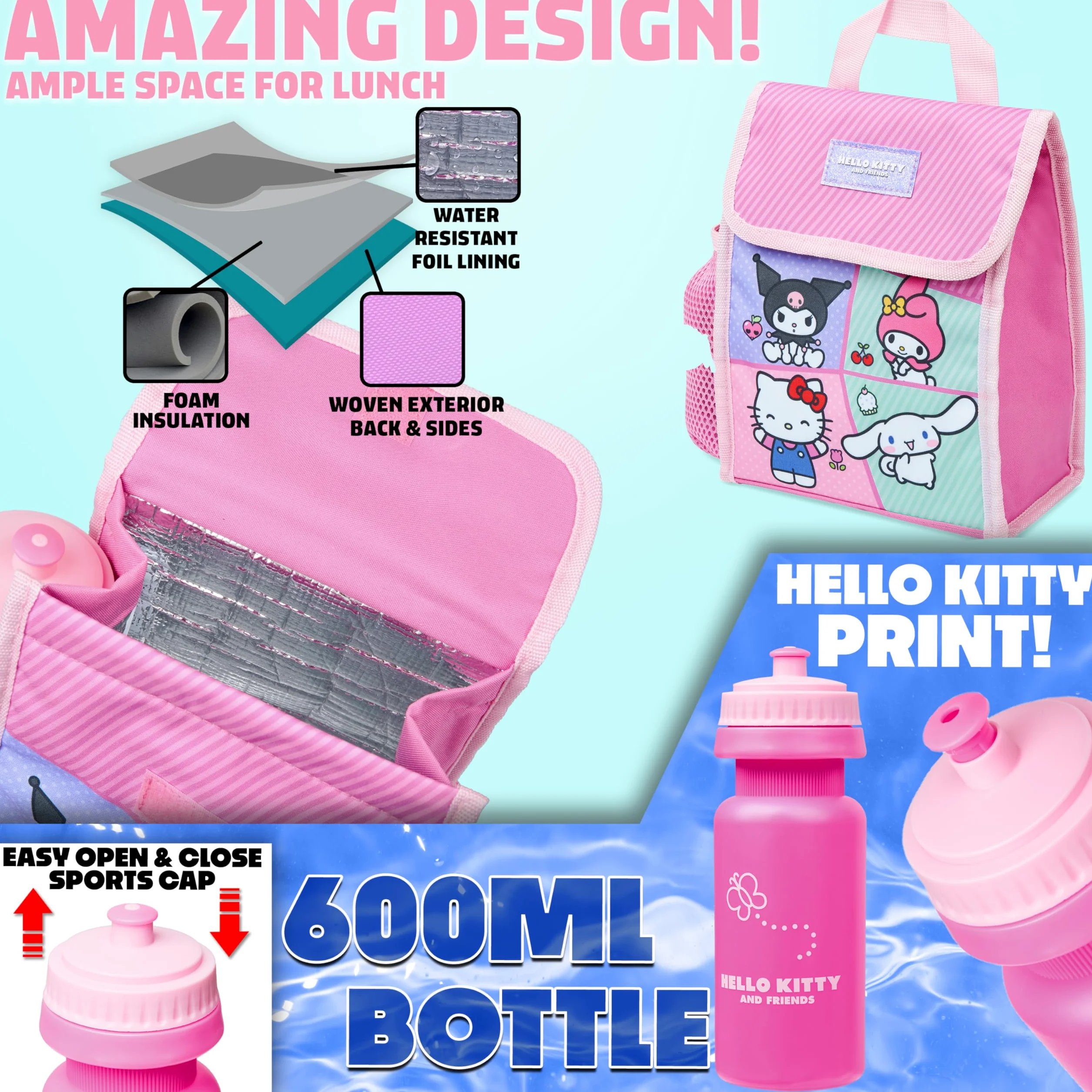 Hello Kitty Sanrio Sac à Dos Fille Kit Scolaire 4 Pièces Trousse Kawaii Sac Isotherme Repas Gourde 600ml Kuromi Cinnamoroll
