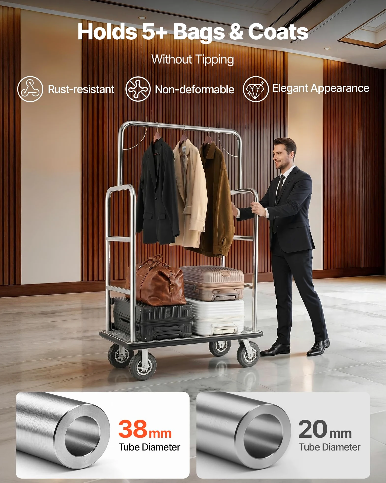 VEVOR Chariot à Bagages Hôtel, 544 kg, Chariot à Plate-Forme de Concierge, Finition INOX Brossé, avec Moquette Grise, Roues Caoutchouc 20,32 cm, Porte-Bagages pour Hôtels, Condos, Complexes Hôteliers