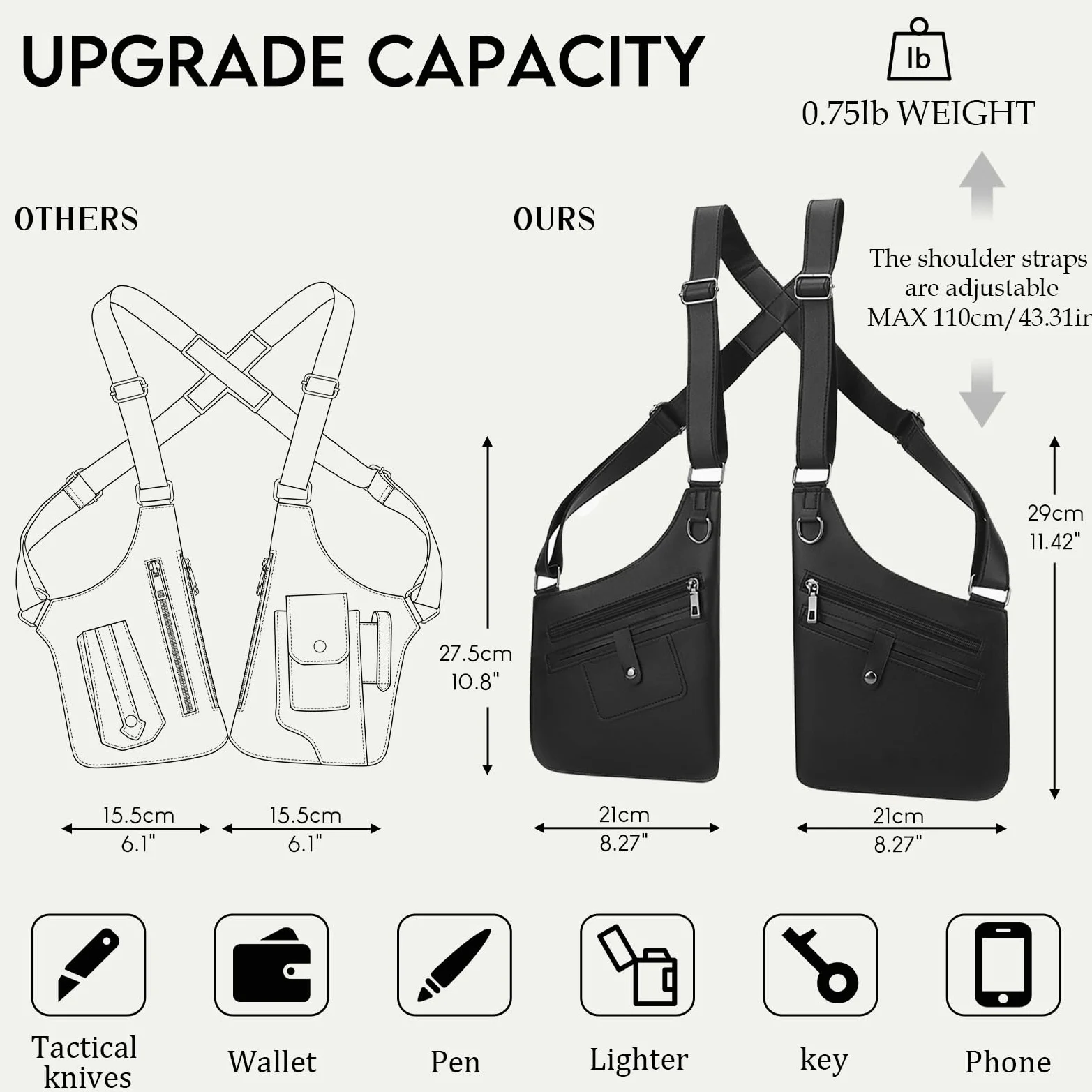 Sling Bag Hommes Femmes Holster Sac Hommes Anti Vol Sac Vélo Sac Bandoulière pour Voyages Randonnée et Outdoor