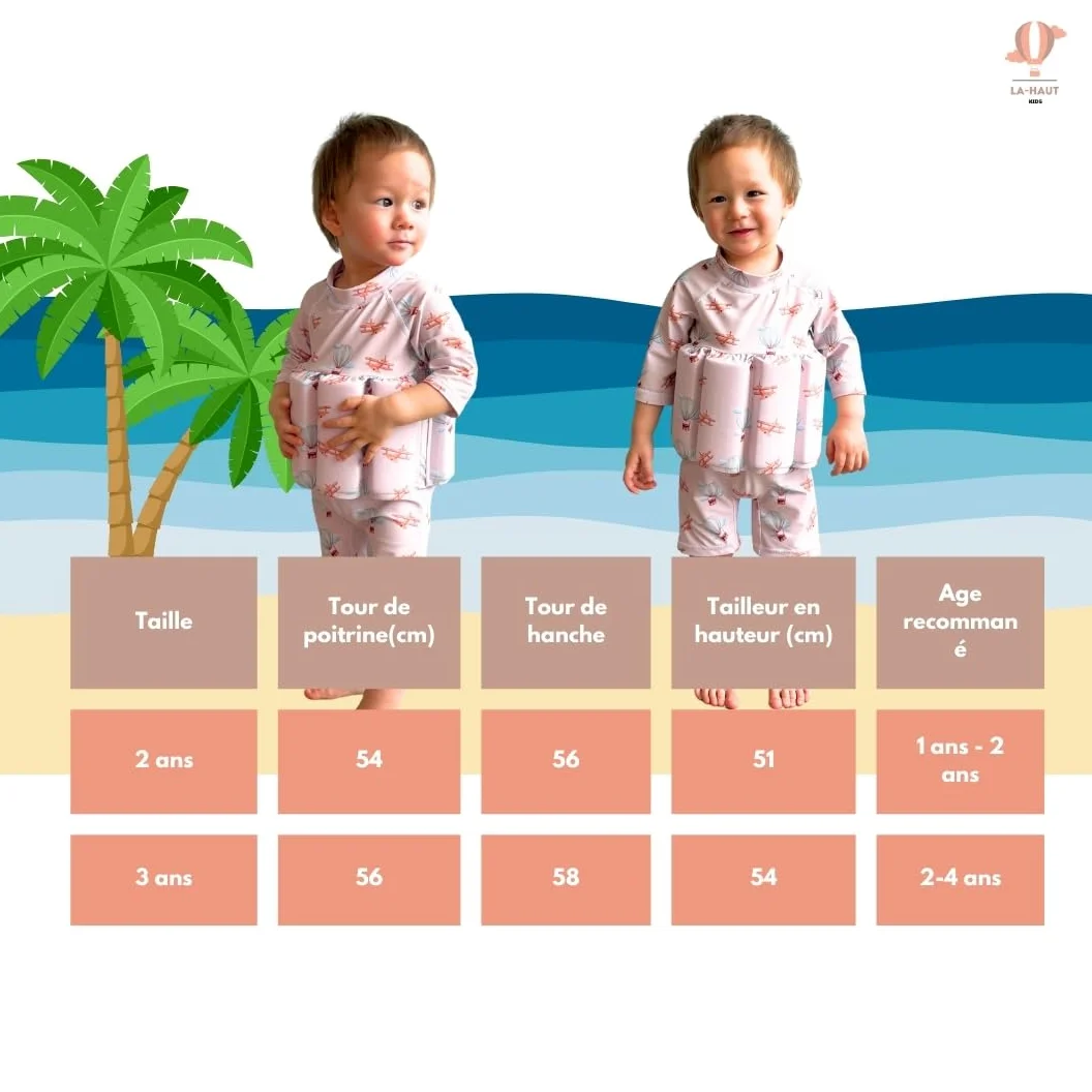 Maillot de Bain Enfant garçon Une pièce Aide à la flottabilité, Flotteurs retirables pour sécurité Confiance, Protection Anti-UV+, Motif Montgolfières Avions, Combinaison Manches Longues, Vintage