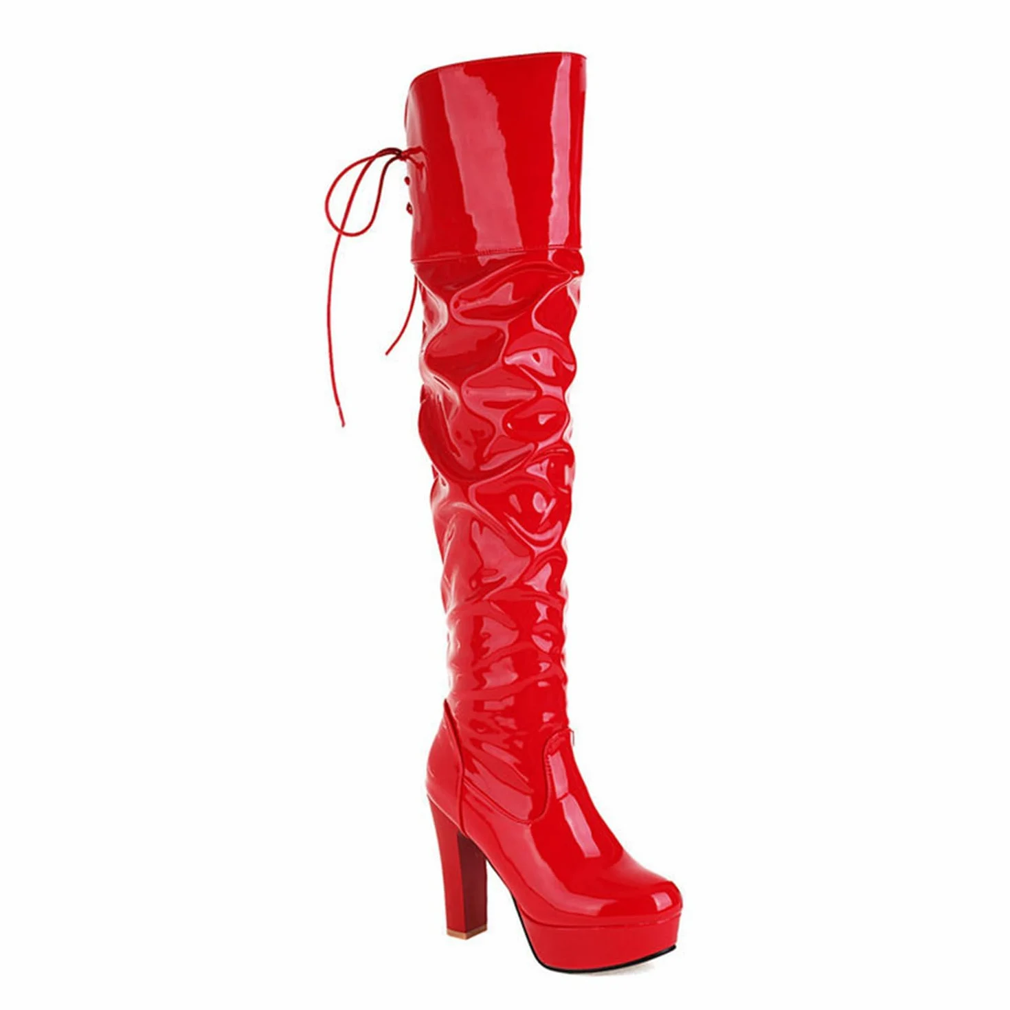 Plate-Forme pour Femmes sur Les Bottes au Genou Bout Rond Gros Talons Blocs Bottes Longues avec Lacets à l'arrière en Cuir Verni à Talons Cuissardes