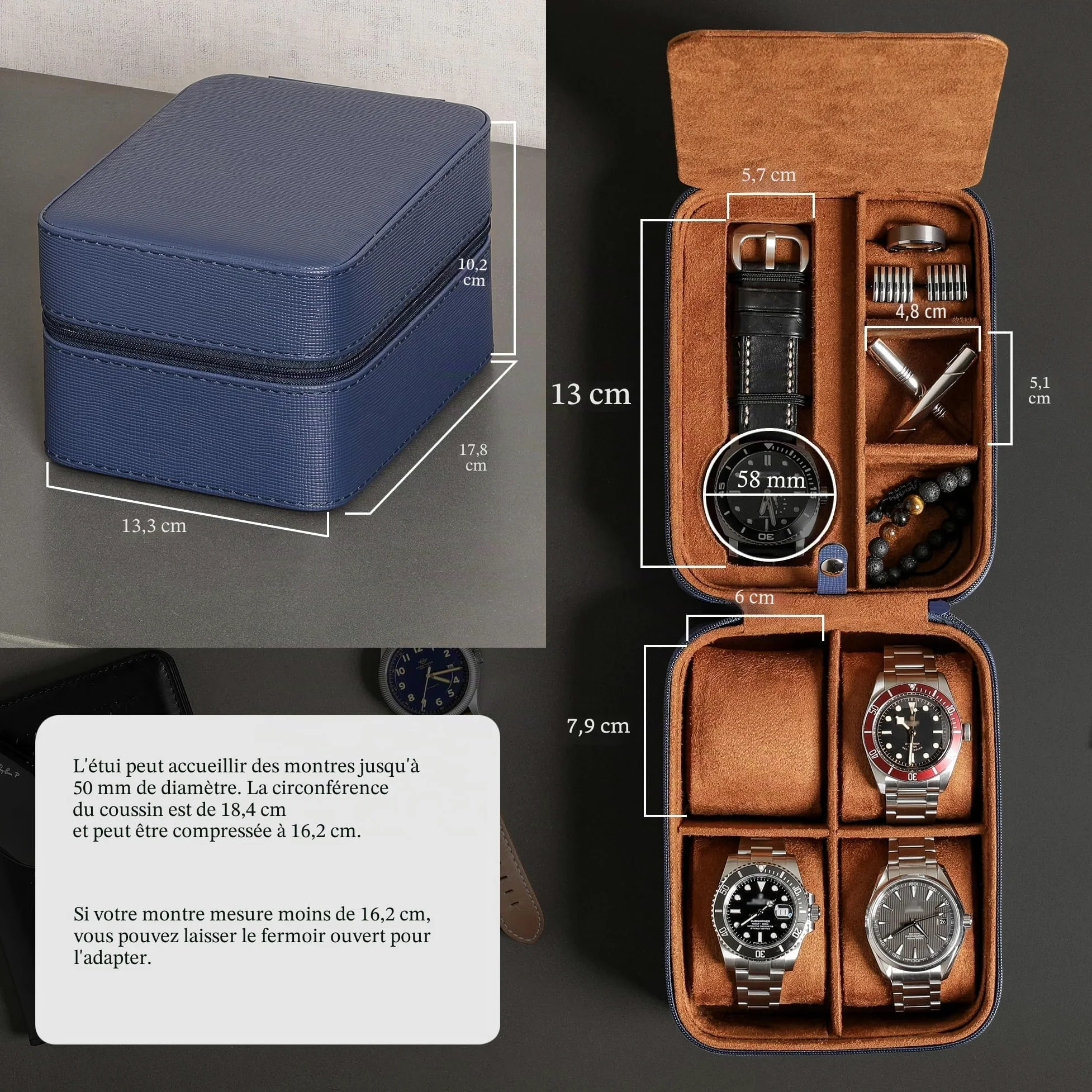 ROTHWELL Étui de voyage pour 5 montres, Ecrins pour montres - Protection robuste et portable avec fermeture éclair - S'adapte à toutes les montres jusqu'à 50 mm (BleuBeige)
