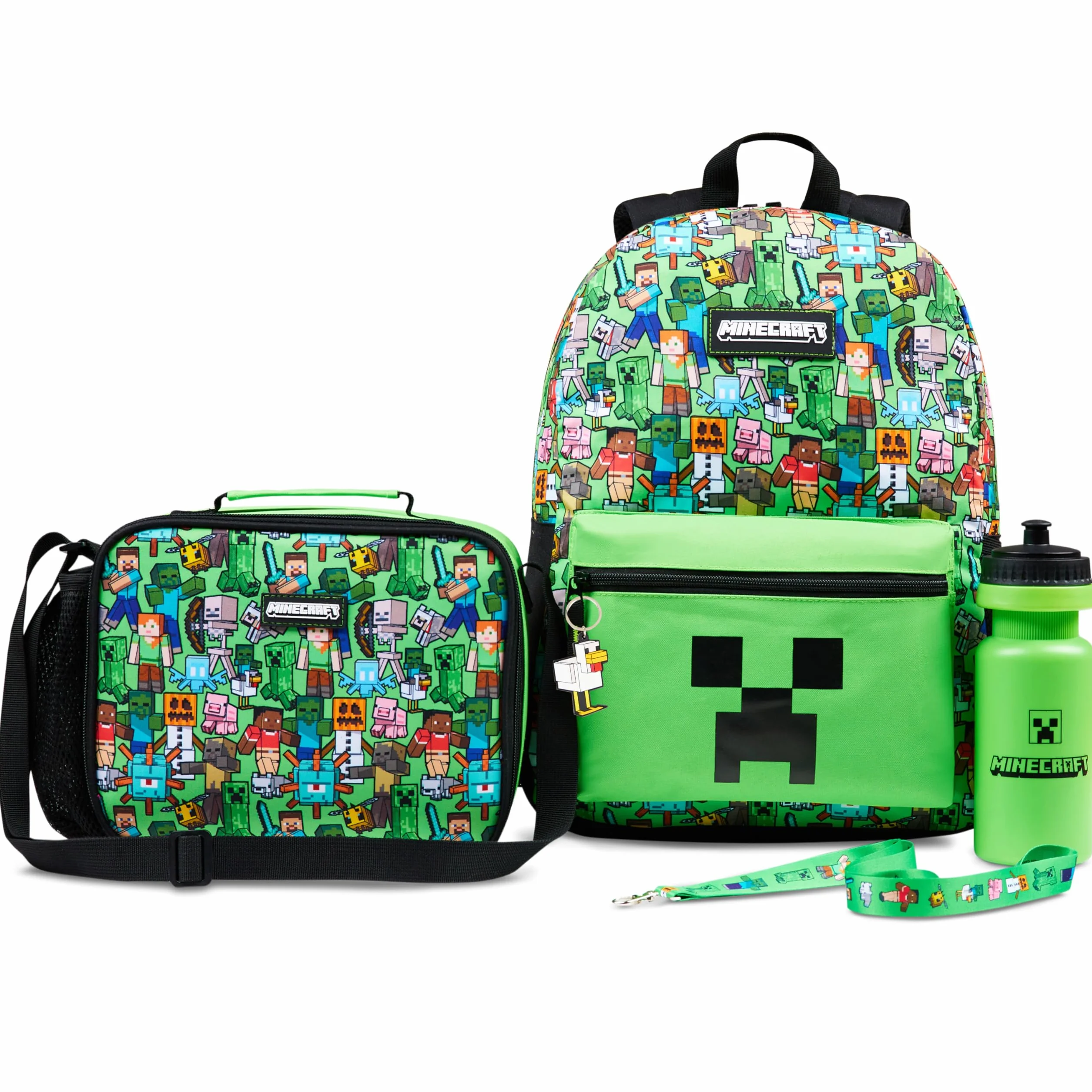 Minecraft Sac à Dos Enfant 5 Pièces Bouteille d'eau Sac Repas Isotherme Kawaii Trousse Sac à Cordon ou Lanière et Porte Clés (Vert AOP)