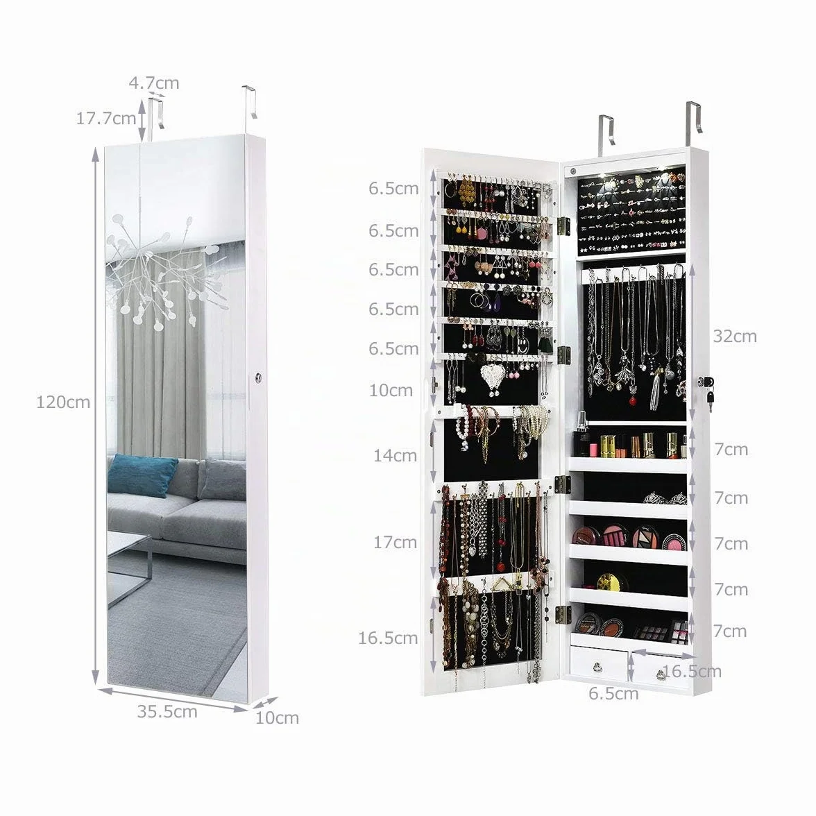 GIANTEX Armoire à Bijoux avec Miroir, Porte Bijoux Mural avec Lumière LED, Rangement avec Miroir Porte,Verrouillable (Blanc)