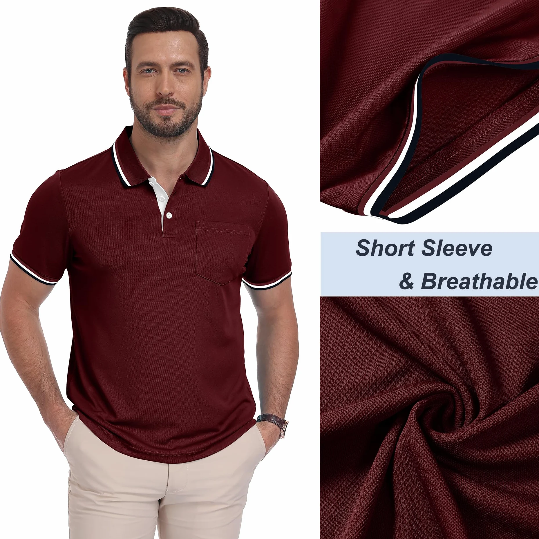 ZITY Lot de 5 Polo pour Homme Polo de Golf Manches Courtes Léger T Shirt pour Les Vacances Travail avec Boutons Printemps été Chemise Respirant