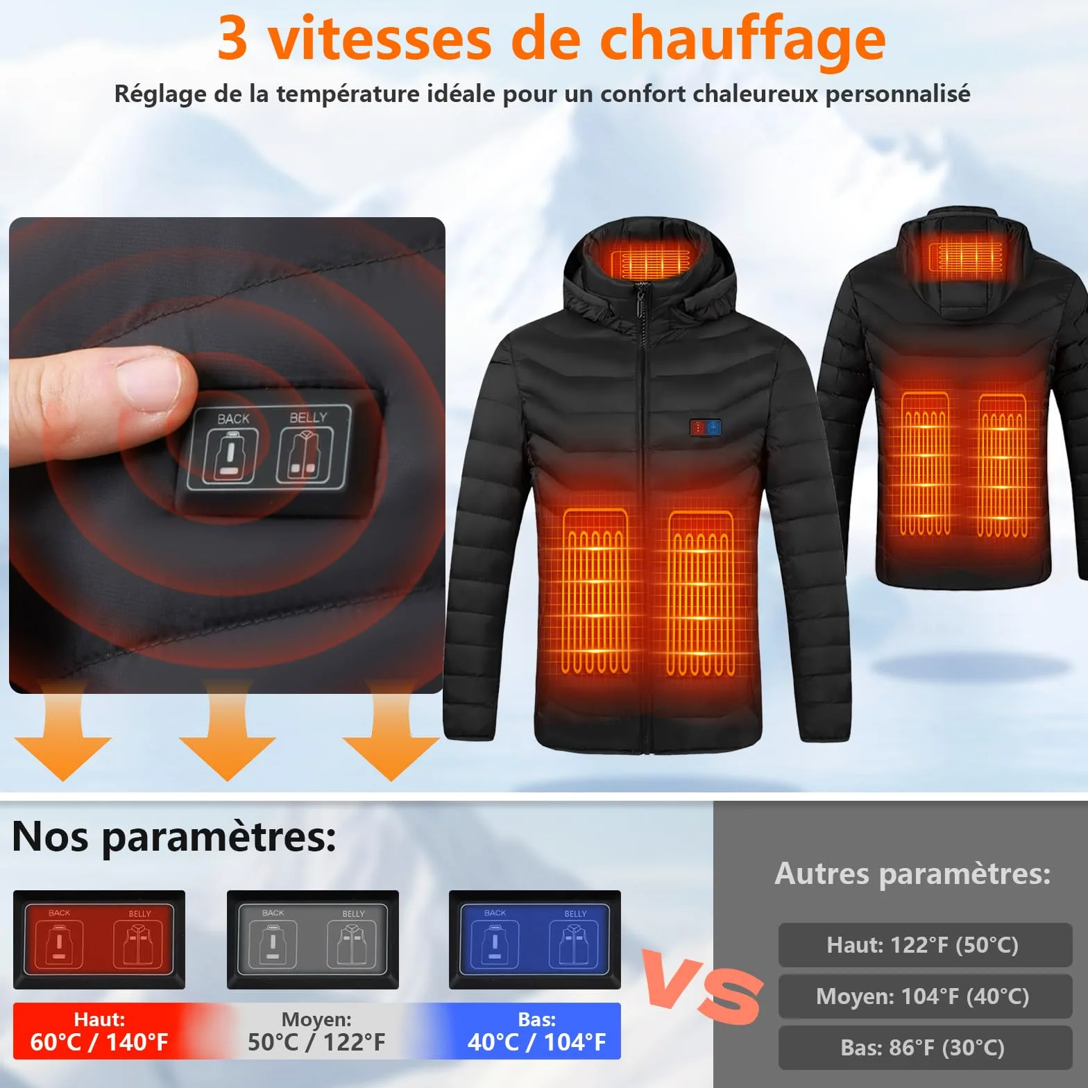 Veste Chauffante Homme et Femme - Blouson Chauffant USB Électrique avec Batterie 10000mAh, 5 Zones Chauffantes & 3 Niveaux de Température - Manteau Doudoune à Capuche pour Hiver et Moto
