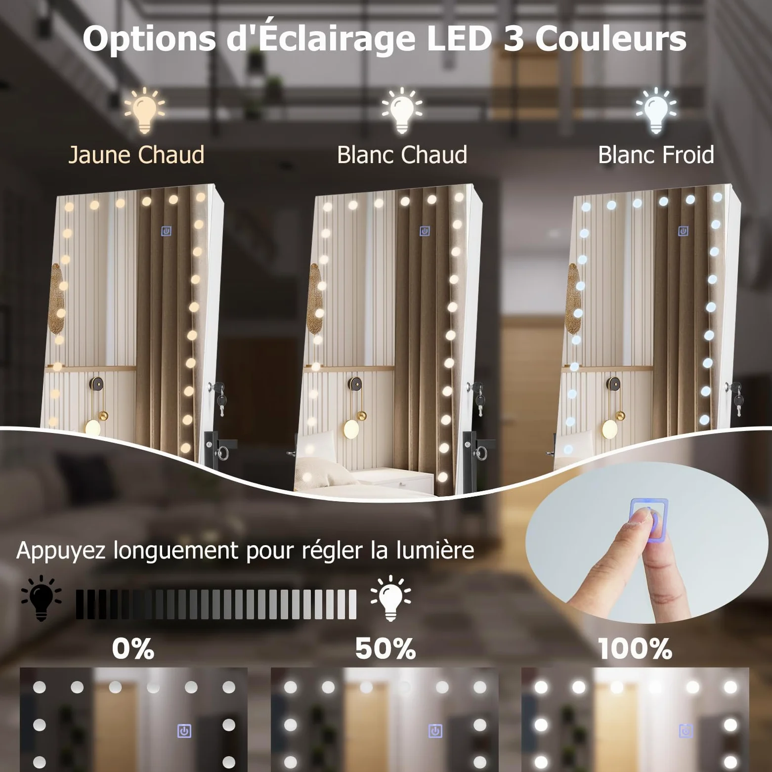 RELAX4LIFE Armoire à Bijoux sur Pied à Roues, Miroir Rangement Bijoux avec LED 3 Couleurs, Hauteurs & Angles Réglables, Étagère Inférieure, Meuble Bijoux pour Chambre Dressing(Blanc)