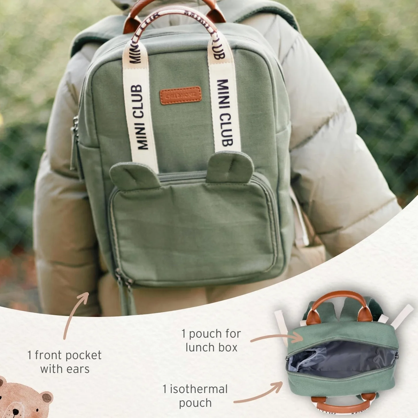 CHILDHOME, Sac a Dos, Bebe, Sac à dos Enfant, Cartable maternelle, Pochette isotherme, Compartiment boite à repas, Solide, Matière Coton, My First Bag, 7L, Mini Club, Signature, Vert