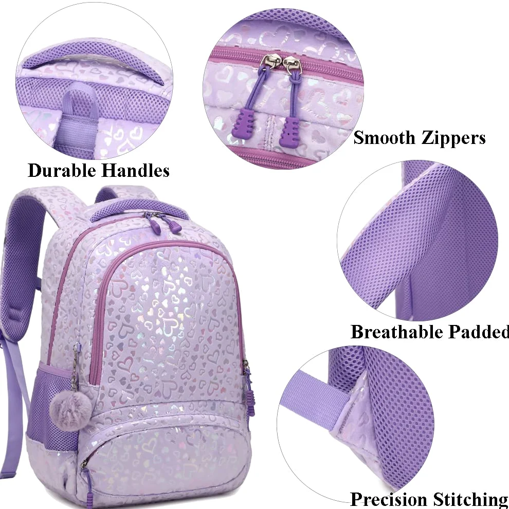 Kimwadalh Cartable Primaire Sac à Dos pour Filles Amour Sac à Dos pour Enfants,Léger Cartable 3 PCS Ensemble de Sacs d'école,avec Sac à Lunch et Trousse