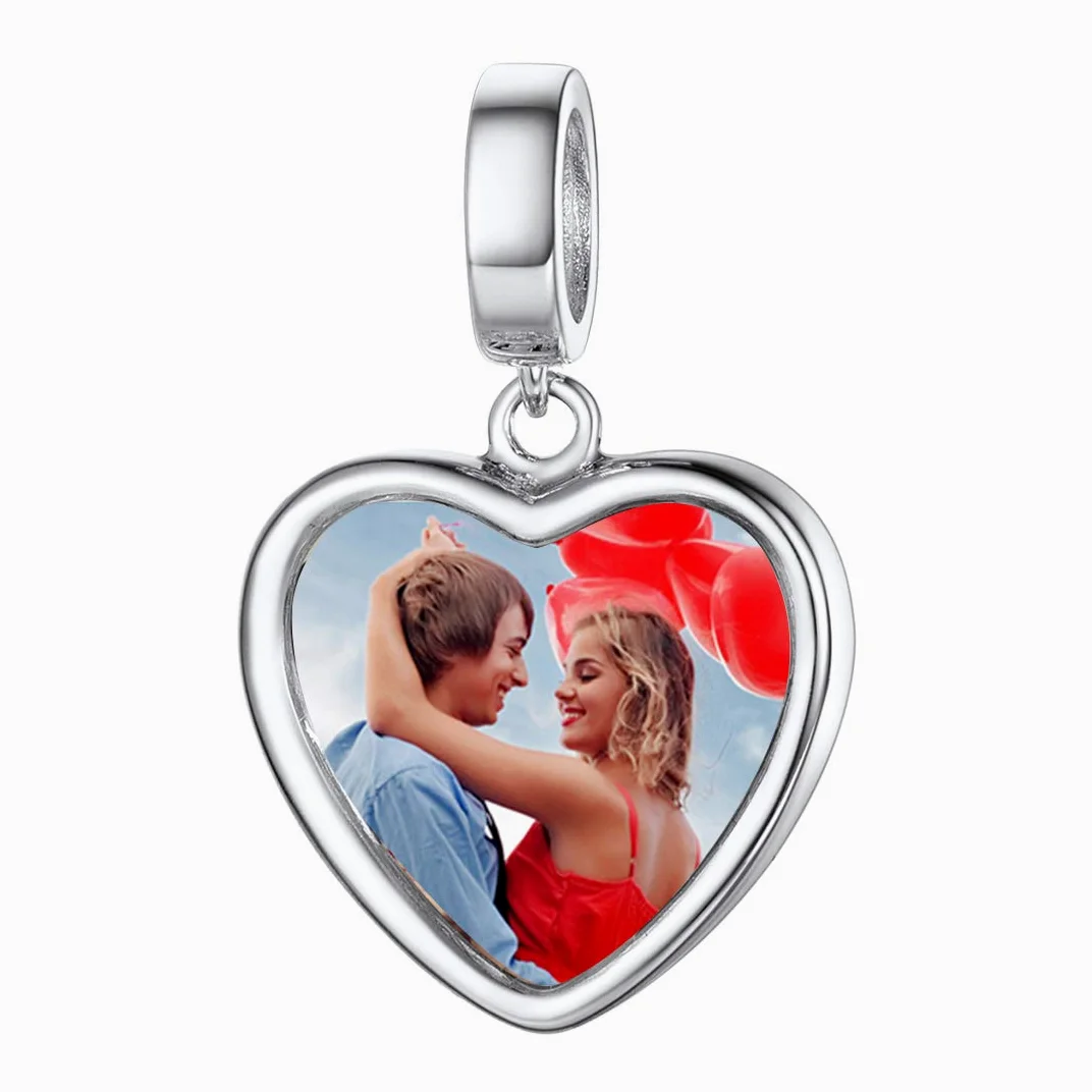Custom4U Charme Coeur Personnalisable Charm Argent avec Photo Gravé Breloque pour Bracelet Bijoux Cadeau Personnalisé Maman Fille