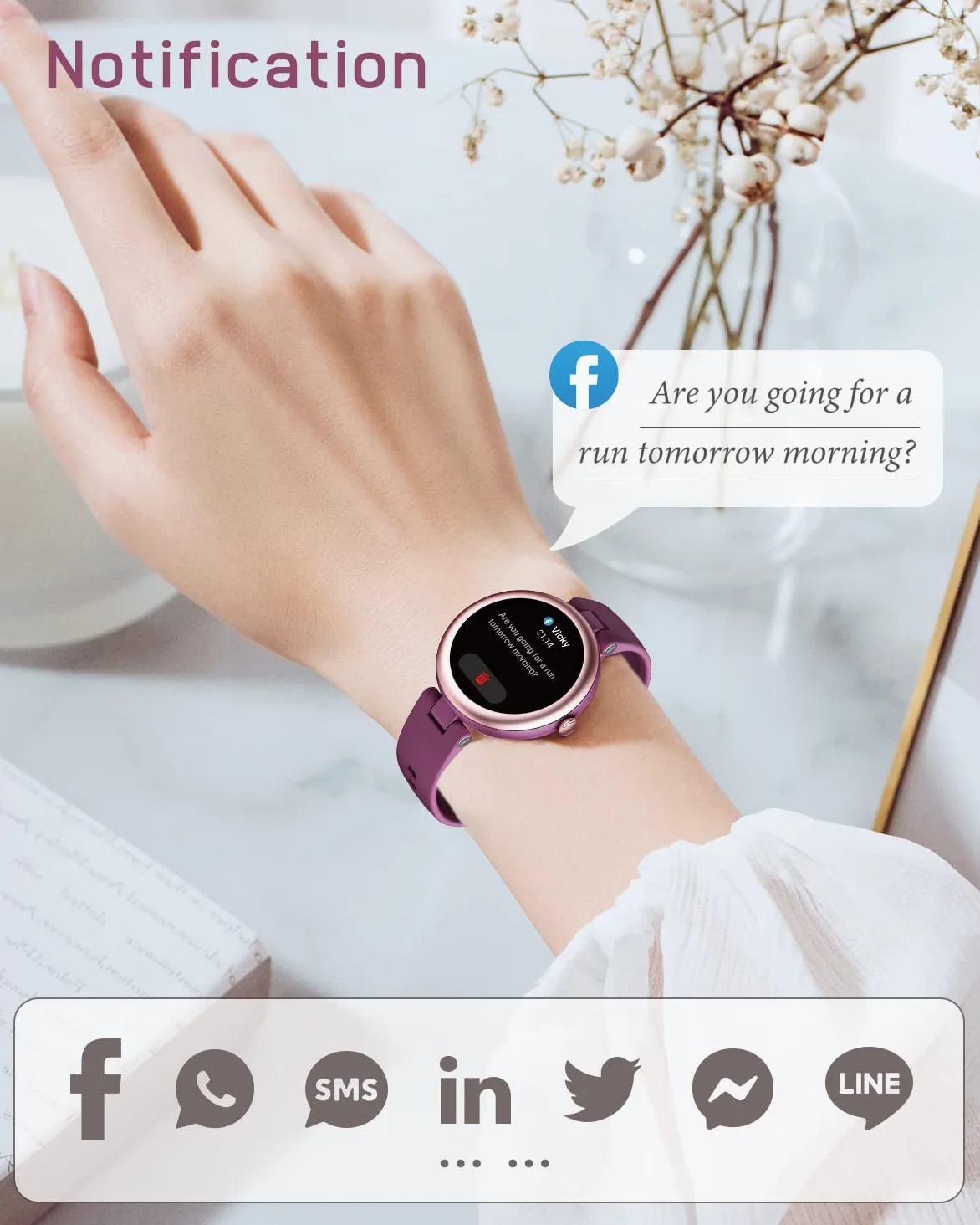 Lynn Montre Connectée Femme Petite Cadran 1.09 Pouce Ronde Elegante Sport Waterproof Frequence Cardiaque SpO2 Fond d Écran Personnalisé Compatible iPhone Samsung Xiaomi Huawei Violet