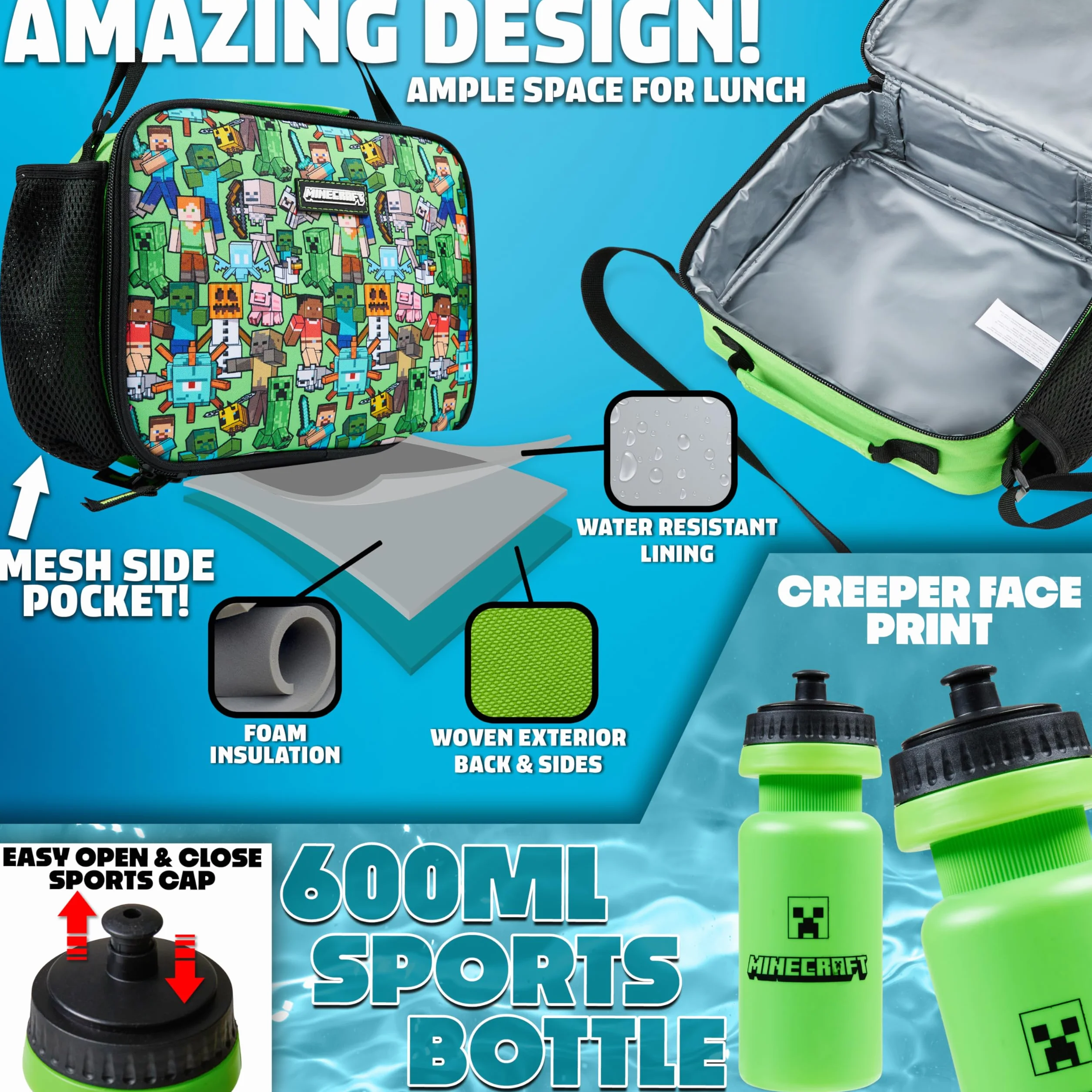 Minecraft Sac à Dos Enfant 5 Pièces Bouteille d'eau Sac Repas Isotherme Kawaii Trousse Sac à Cordon ou Lanière et Porte Clés (Vert AOP)
