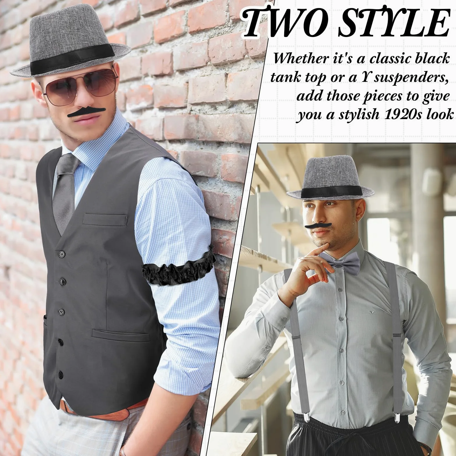 Hestya Tenue des Années 20 pour Homme avec Gilet Chapeau Fédora Bretelles Nœud Papillon Montre de Poche Vintage