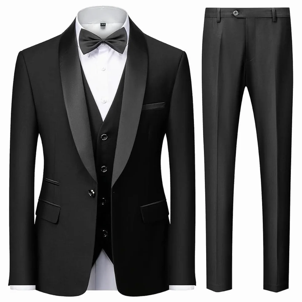 Costume Homme 3 pièces Mariage Slim Fit Smoking d'affaires à Un Bouton Men Suits 3 Piece Couleur Unie pour Fête Confort Blazer Veste et Pantalon Gilet