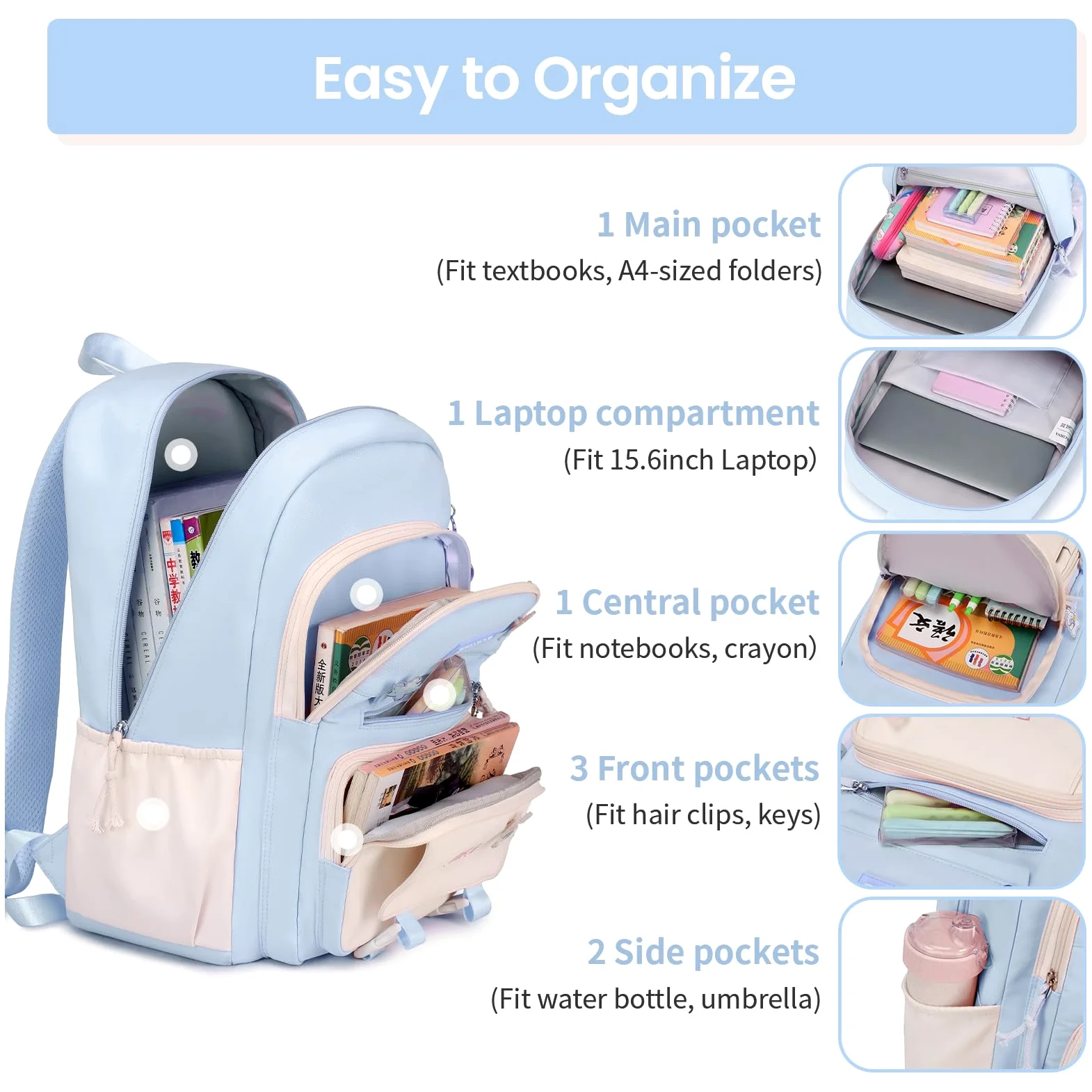 Tanou Cartable Fille Primaire, 20 Litres Sac a Dos College Fille Cartable Kawaii avec Pendentif, Léger Sac Ecole Primaire pour Enfants de 7 à 14 ans