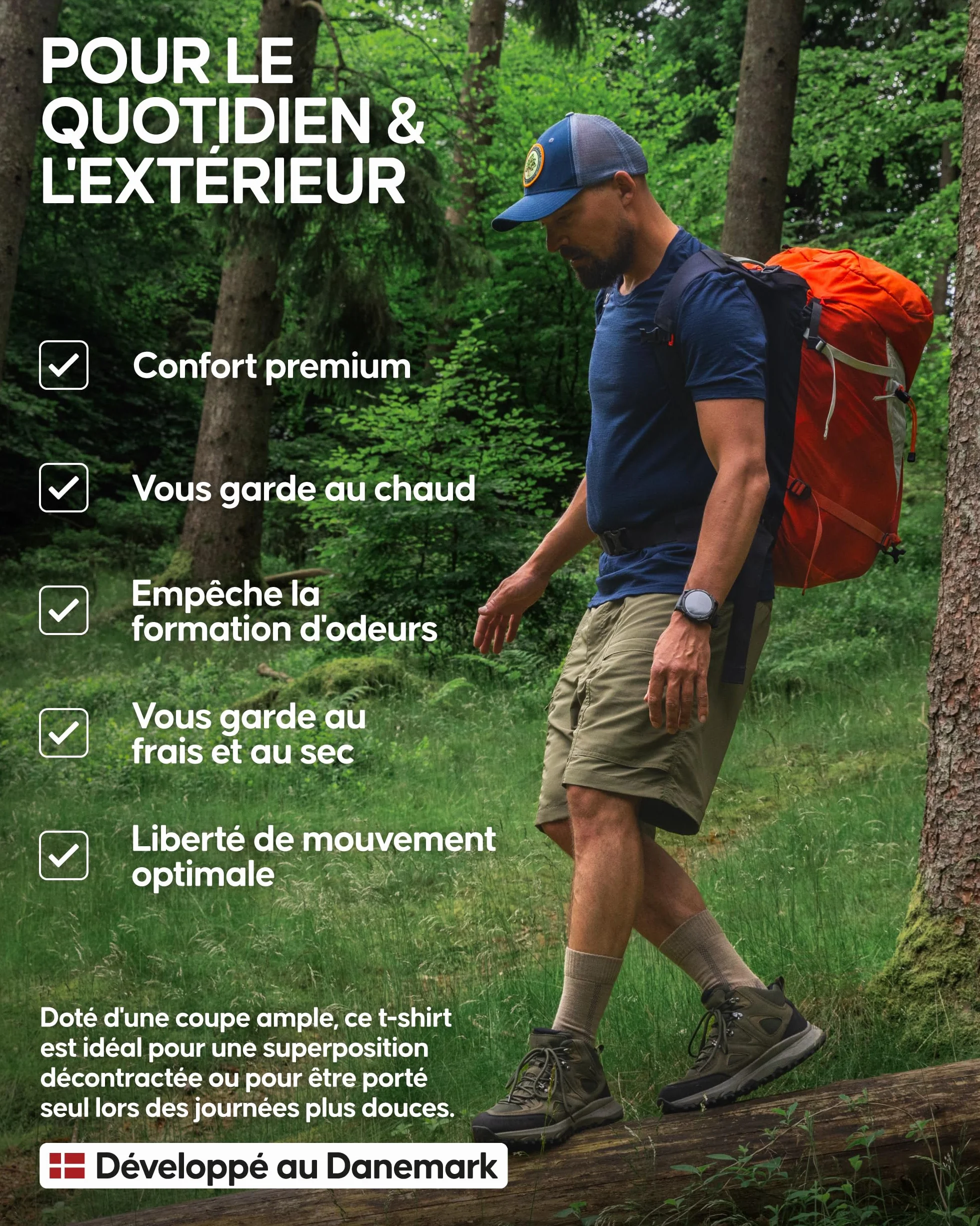 DANISH ENDURANCE T-Shirt 100% Laine Mérinos pour Homme, Léger et Respirant, Coupe Décontractée, Résistant aux Odeurs, Doux et Évacuant l'Humidité, Lot de 1 ou 2