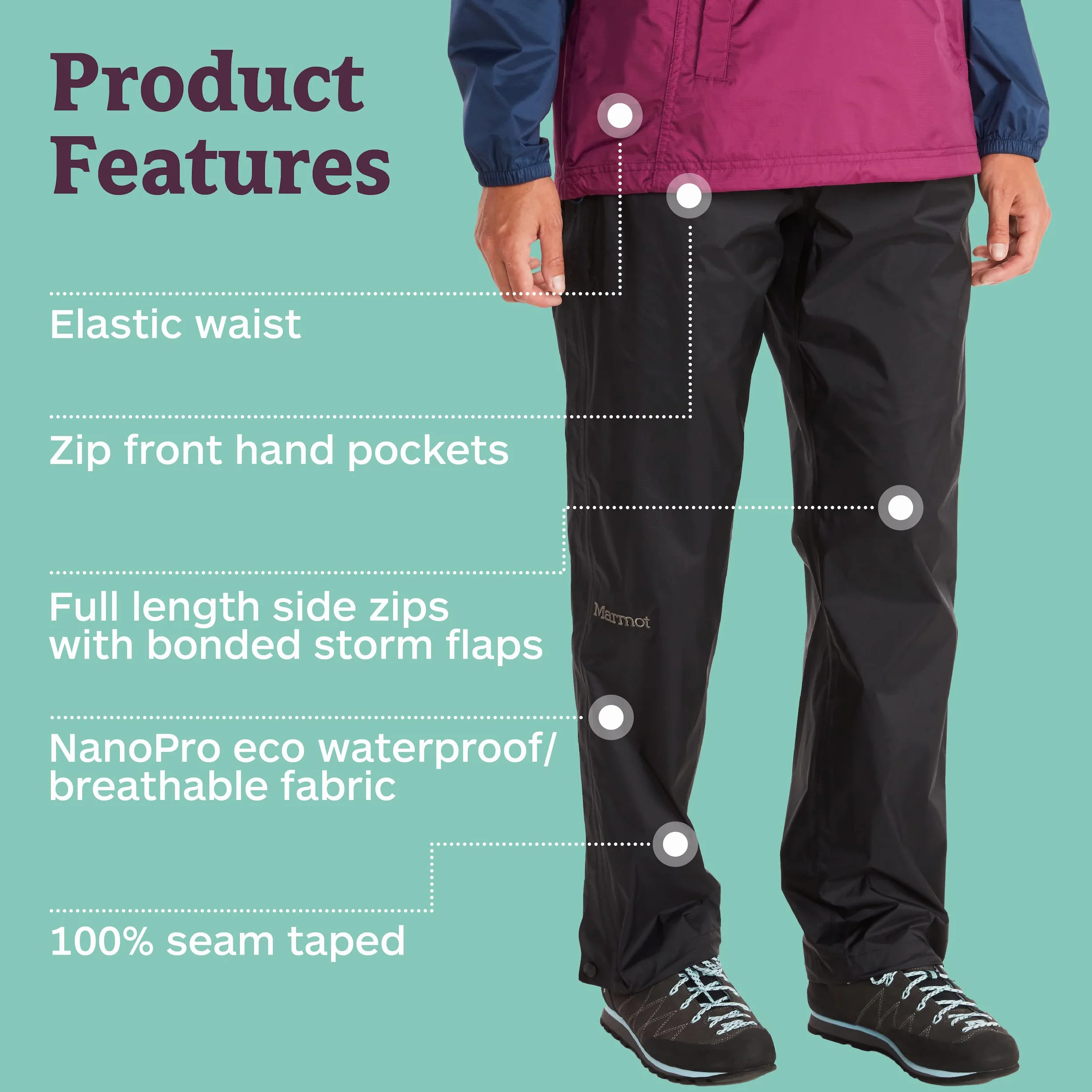 Marmot Wm's Precip Eco Full Zip Pant Long, Imperméable Pantalon étanche Femme Pluie Coupe Vent Respirant