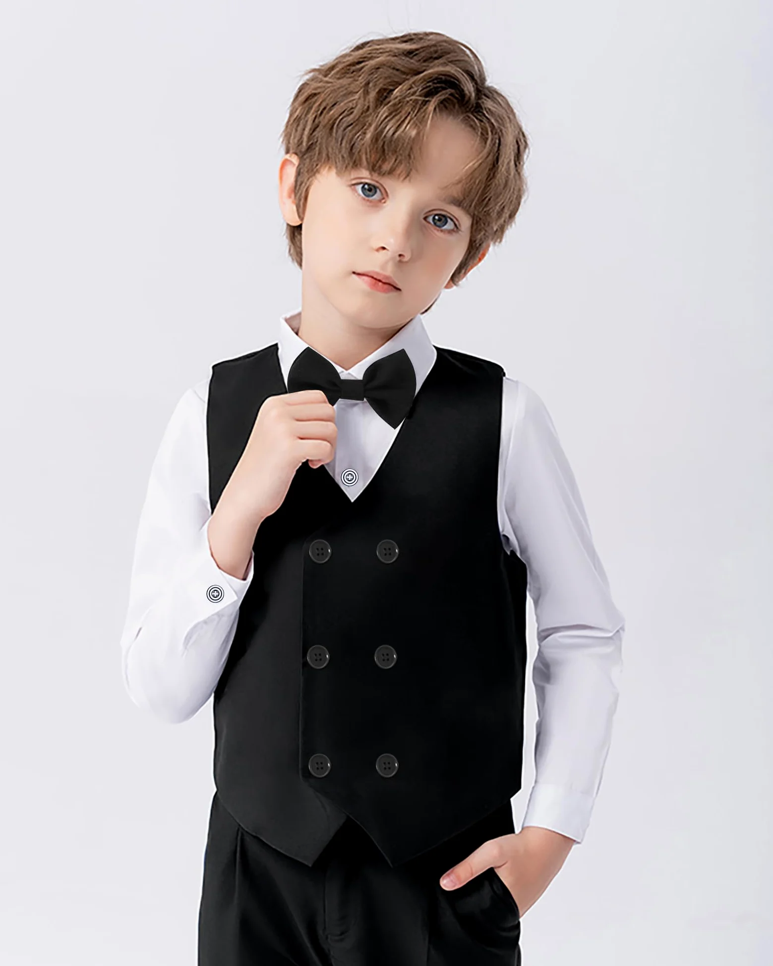 Garçon Gentleman Vêtements Ensembles 6-10 Ans, Enfant Mariage Baptême Tenue Costume Haut Chemise+Gilet+Pantalon+Nœud Papillon