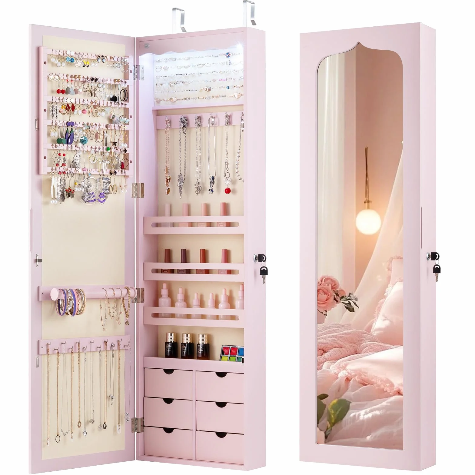 RELAX4LIFE Armoire à Bijoux Murale avec Miroir, 5 Lumières Automatiques, Miroir Rangement Bijoux avec 6 Tiroirs pour Boucles d'Oreilles Colliers Cosmétiques (Rose | Tiroir en MDF)