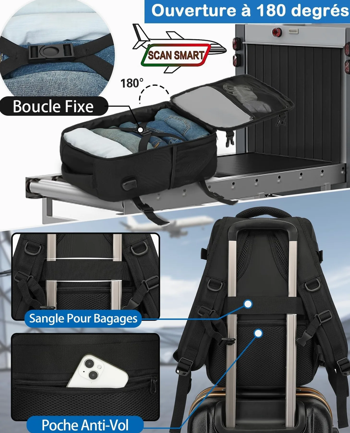 KLOSTAIN Sac à Dos Voyage Cabine Avion 45x36x20 pour Easyjet 30L Bagage Cabine Grande Bagage à Main sous Le Siège Sac à Dos Homme pour Ordinateur Portable 14 Noir