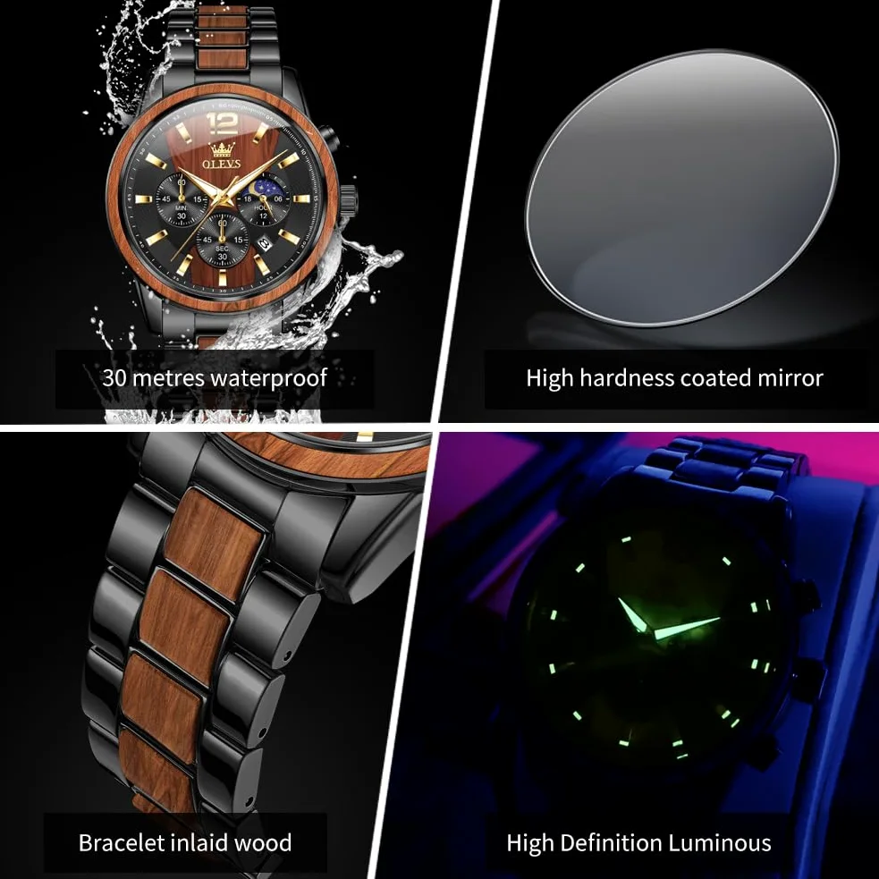 OLEVS Montre chronographe Homme à Quartz Japonais : Bracelet en Bois Massif ou Acier Inoxydable, étanche, Classique et élégante - Cadeau Parfait pour Homme