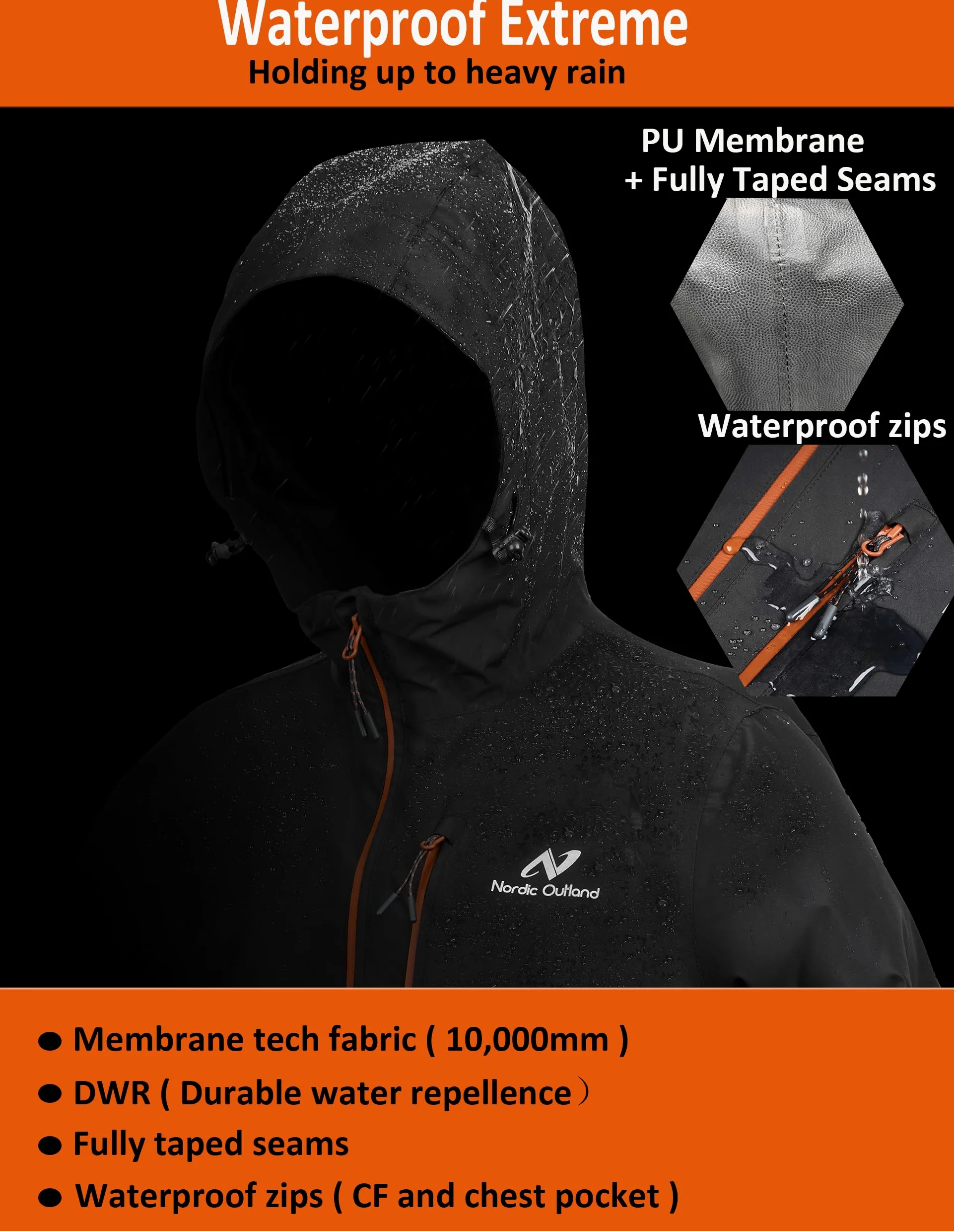NORDIC OUTLAND Veste de pluie légère à capuche imperméable et respirante pour homme pour randonnée en montagne