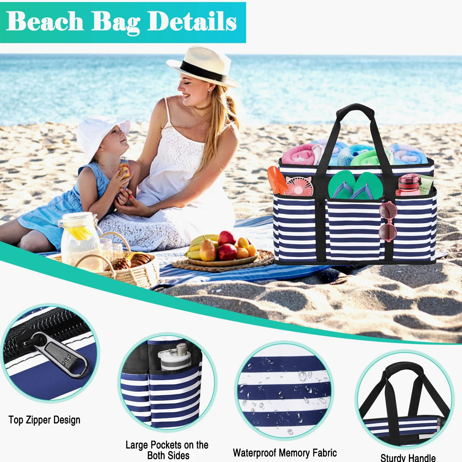 Grand Sac de Plage Femme XXL, Sac de Plage XXL Extra Large Famille en Maille Pliable pour Femme avec Fermeture Éclair, Grand Poches Sacs à Cabas pour Plage Voyages Gym Piscine 45L