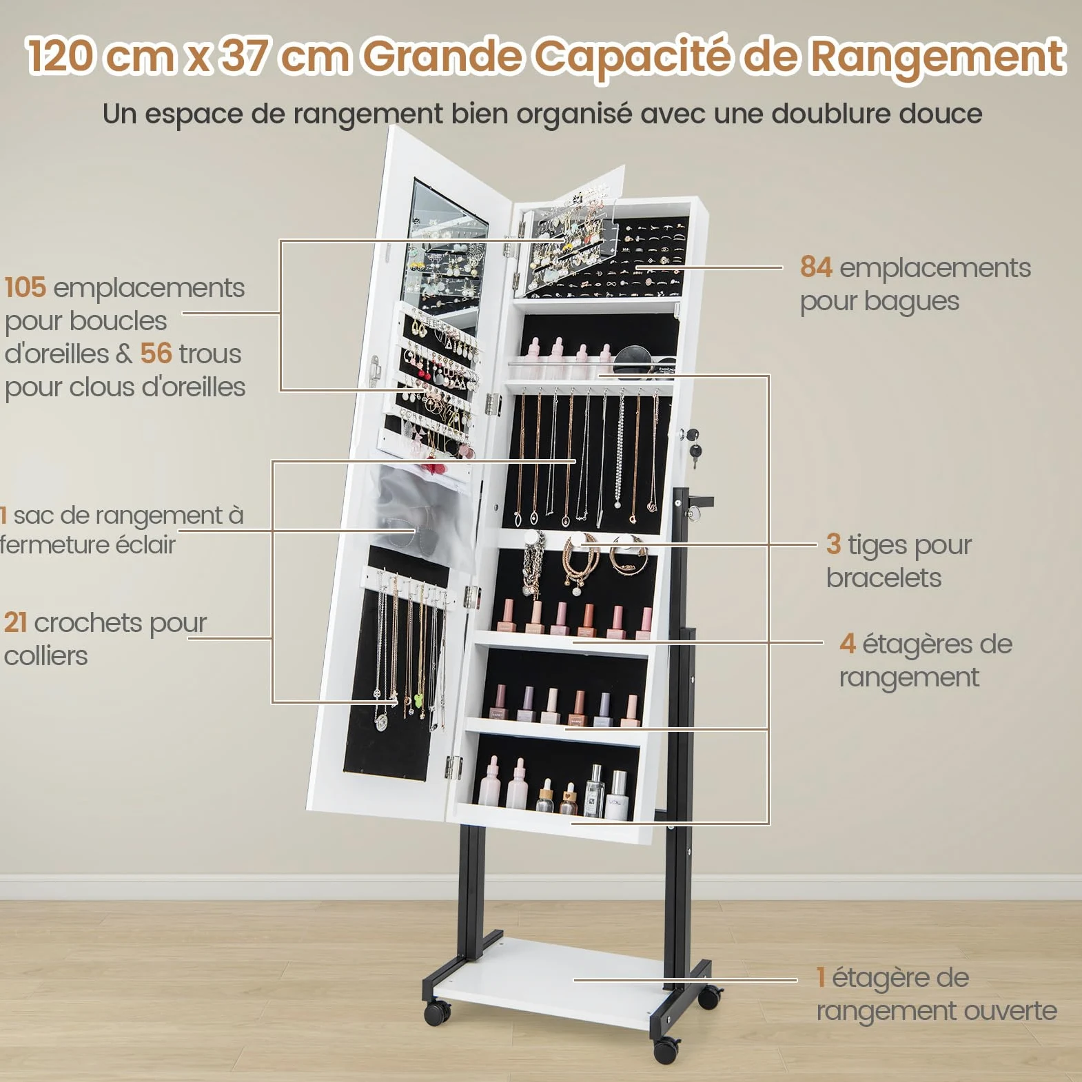 RELAX4LIFE Armoire à Bijoux sur Pied à Roues, Miroir Rangement Bijoux avec LED 3 Couleurs, Hauteurs & Angles Réglables, Étagère Inférieure, Meuble Bijoux pour Chambre Dressing(Blanc)