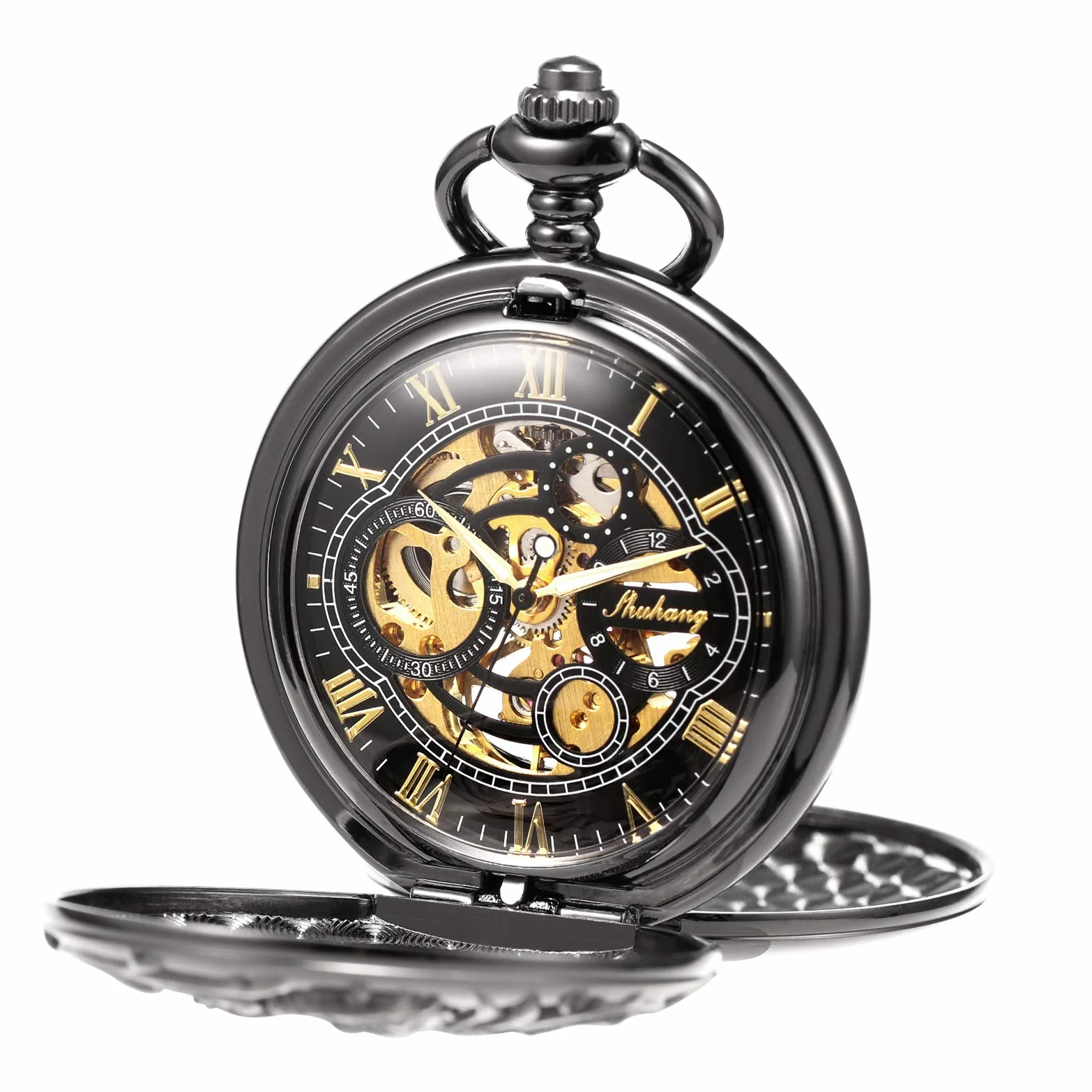 Treewo Montre de Poche Unisexe avec chaîne et rehausseur à Main analogique avec Double charnière et Squelette en Bronze