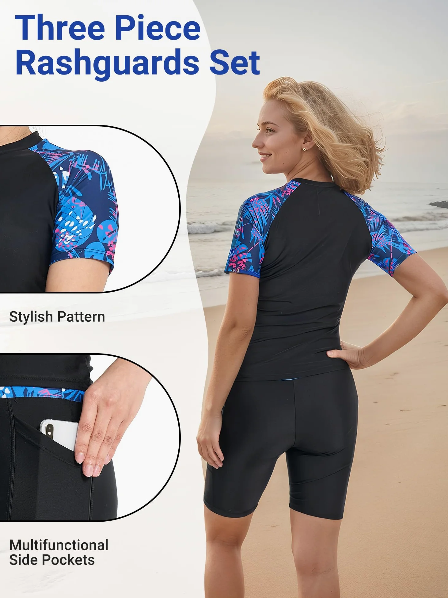 Owntop Maillot de bain 3 pièces Rashguard UPF50+ UV pour femme | Rashguard à manches courtes, haut de bikini et short taille haute | maillots de bain modestes | natation surf