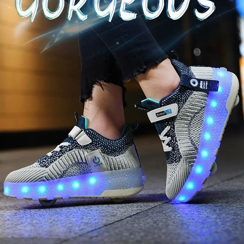 Hixingo Chaussures à Roulettes Lumière LED pour Enfants, Patins Rétractables 2 Roues Skateboard